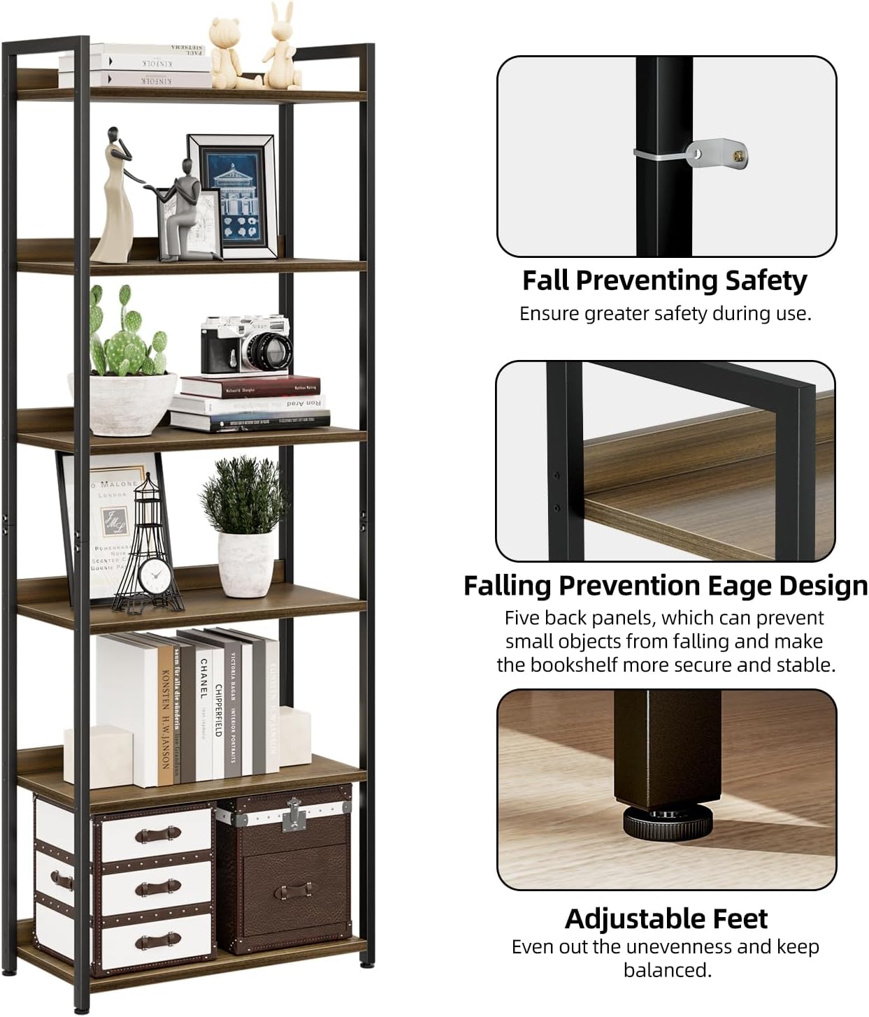 NUMENN Bookshelf, 6 Tier Bookshelves, Home Office Bookcase Shelf Storage Organizer, Free Standing Storage Shelving Unit for Bedroom, Living Room and Home Office, Dark Walnut
