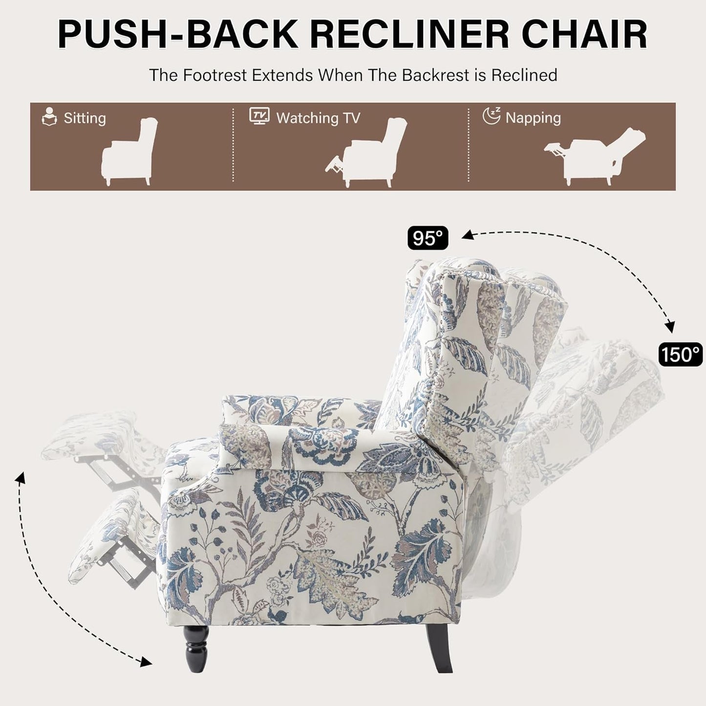 UIXE Pushback Recliner Chair, Push Back Accent Chair Fabric Upholstered Armchair for Living Room, Rivet Trim Home Theater Single Sofa Bedroom Reading Seat - Blue Plants