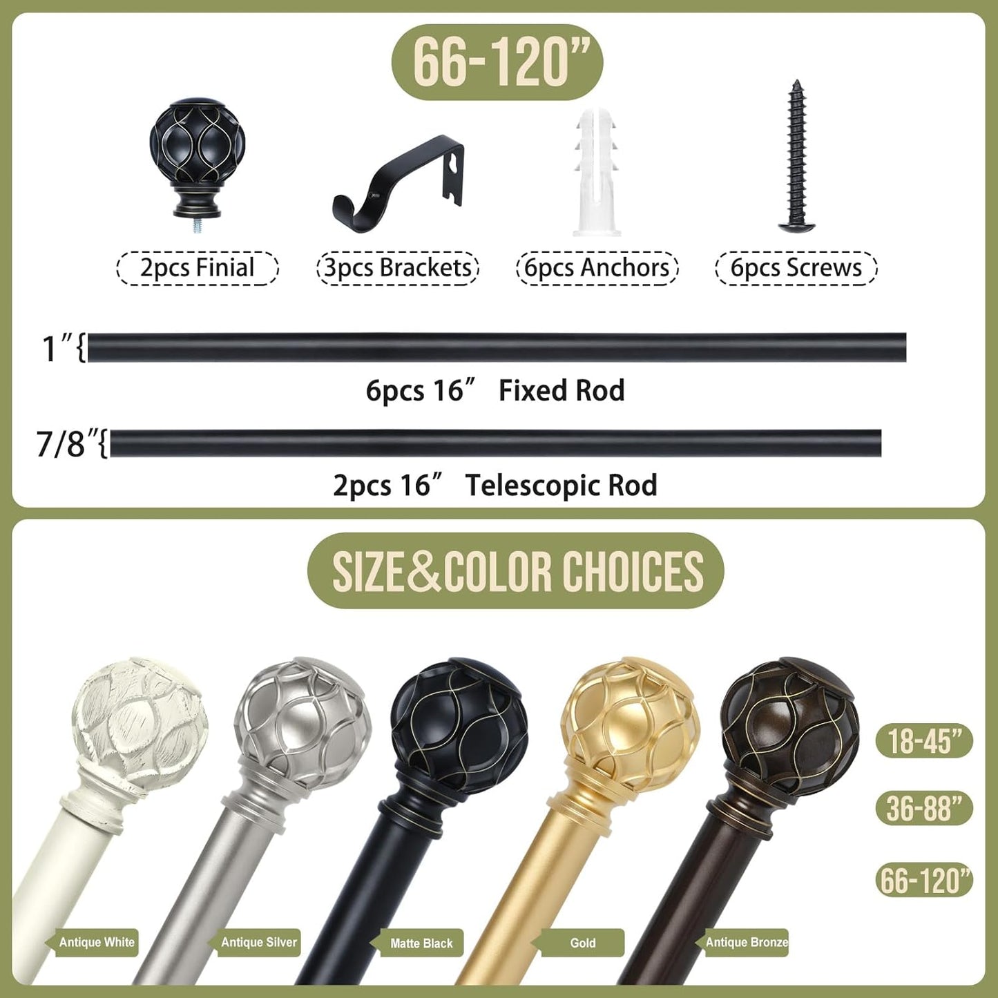 Black Adjustable Curtain Rods for Windows:66-120" Farmhouse Heavy Duty Curtain Rod for Bedroom Living Room,Boho Decorative Rustic Drapery Rods with Vintage Coastal Texture Finial,Matte Black