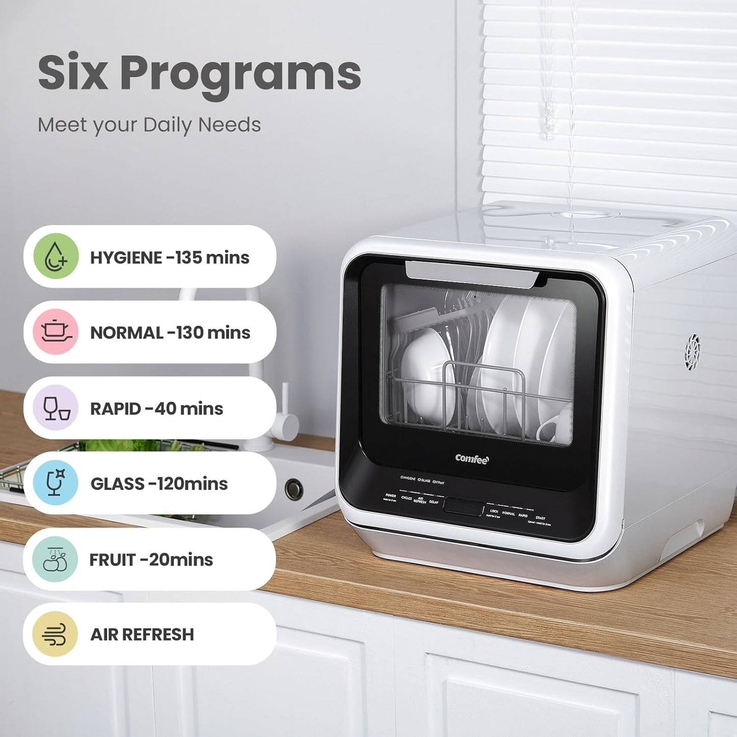 COMFEE' Portable Mini Dishwasher Countertop with 5L Built-in Water Tank for Apartments& RVs, No Hookup Needed, 6 Programs, 360° Dual Spray, 162℉ High-Temp& Air-Dry Function