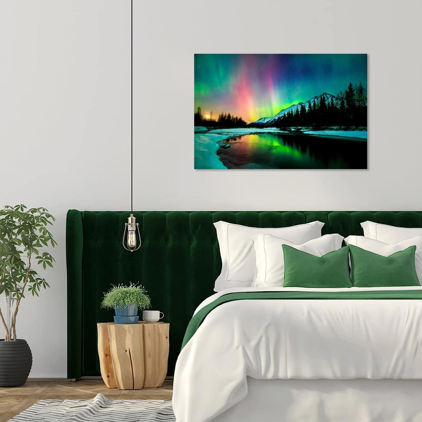 Aurora Borealis Canvas Wall Art Northern Lights Canvas Print Painting for Living Room Snowy-Mountains-Landscape Poster Picture Wooden Framed Prints Ready to Hang(16.00"x24.00")