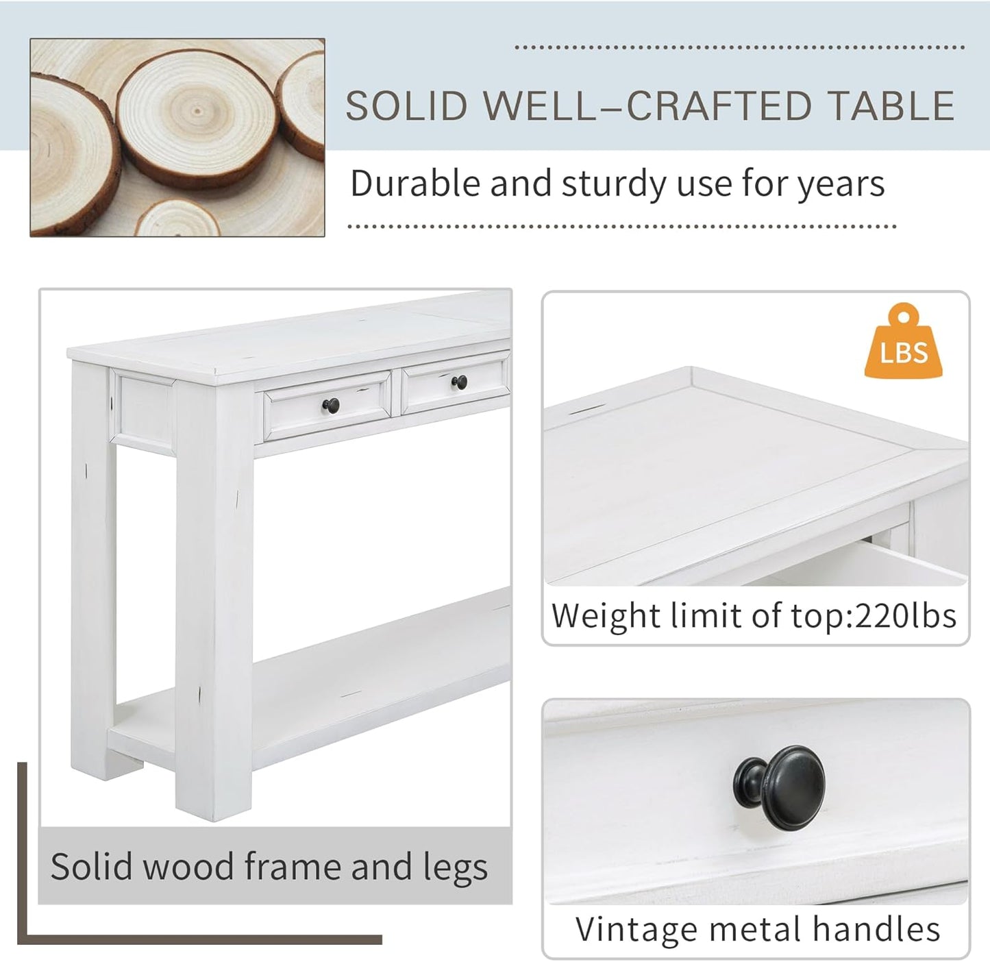 White Console Table,Solid Wood Sofa Table with 4 Drawers Hallway Table for Storage Entry Foyer Behind Couch Table,Fully Assembled (63" White)