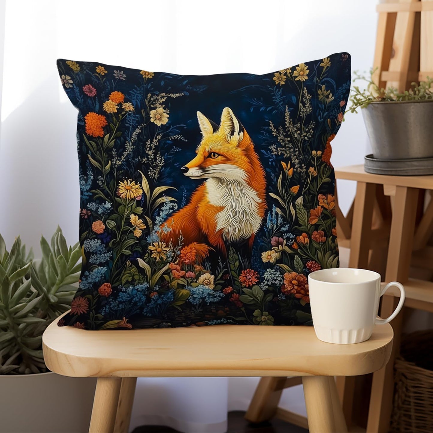YOU FOUND ME William Morris Abstract Vintage Floral Velvet Fox Design Throw Pillow Covers Home Decor, Retro Art Deco Pillowcase Cushion Cover for Bed Sofa Living Room, Square 18x18inch (Orange-Fox)