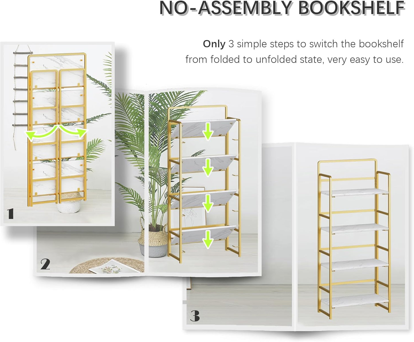 4NM No Assembly Foldable Bookshelf, 4-Shelf Collapsible Bookcase Storage for Small Spaces, 54" H, White and Golden
