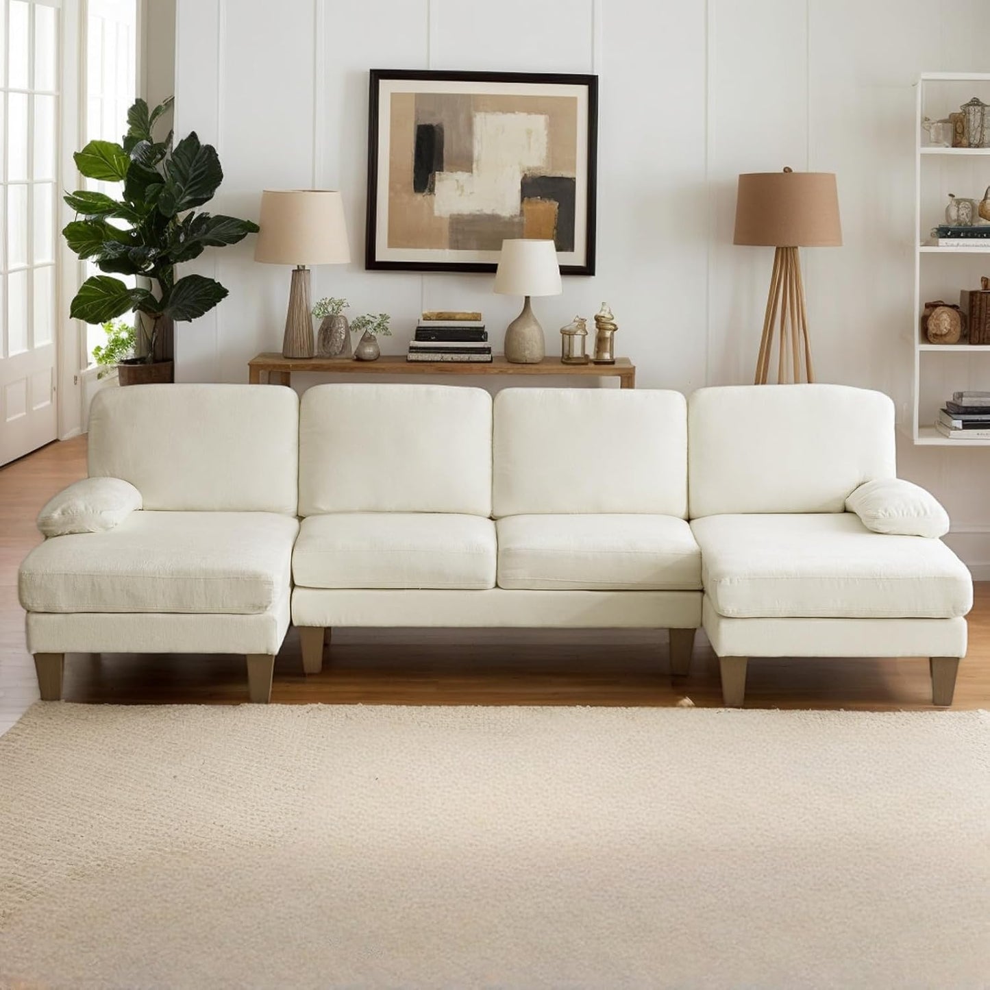 Karl home U-Shape Sectional Sofa Couch 111" Modern 4-Seat Sofa with Chaises Chenille Fabric Upholstered Covertible Couch with Wood Grain Legs for Living Room, Reception Room, Apartment, Beige