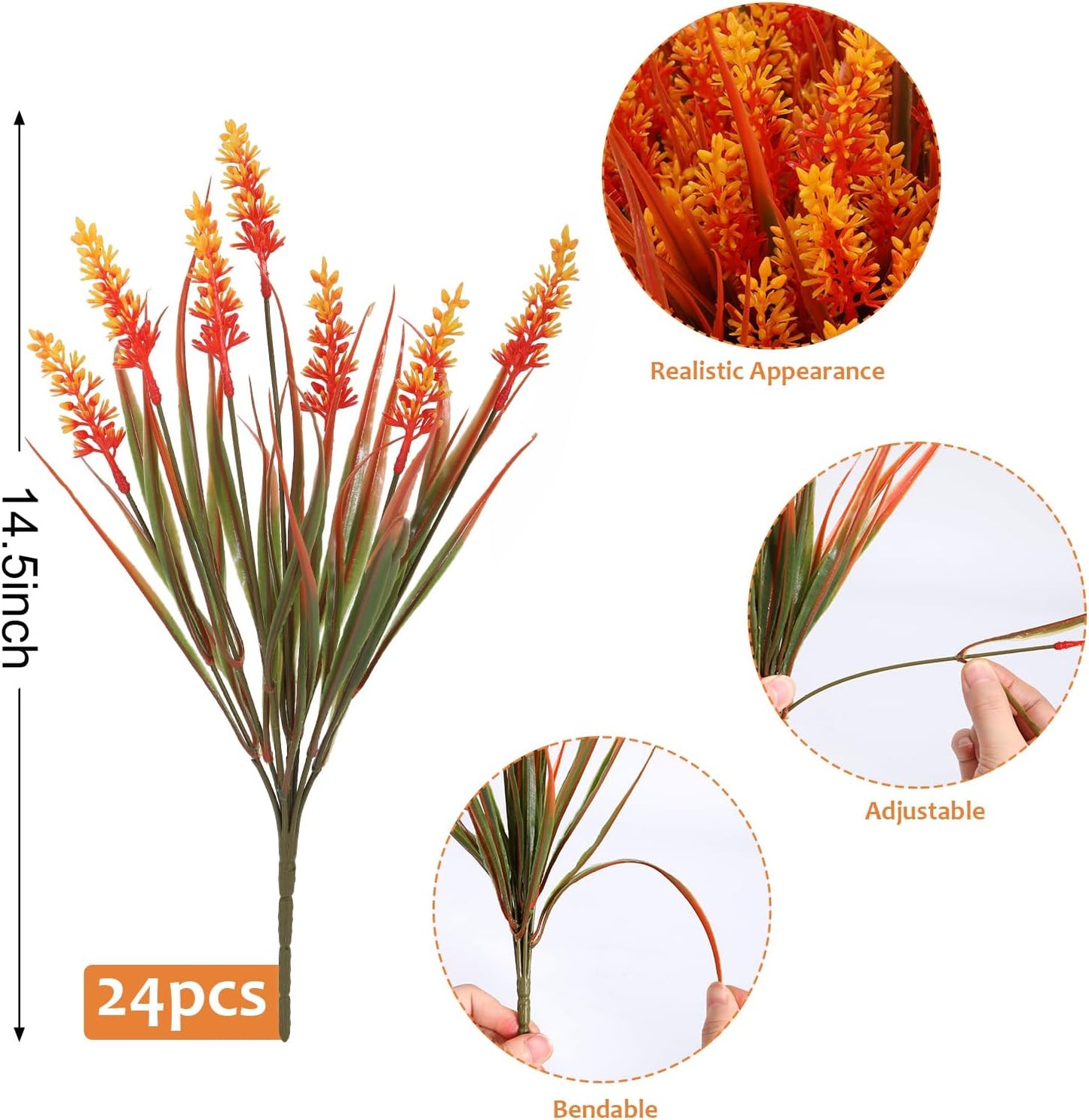 Geegoods 24 Bundles Artificial Fall Flowers Outdoor – Faux Lavender Flowers with Monkey Grass UV Resistant Plastic Faux Plants for Garden Porch Patio Home Decor, Autumn-Orange Color