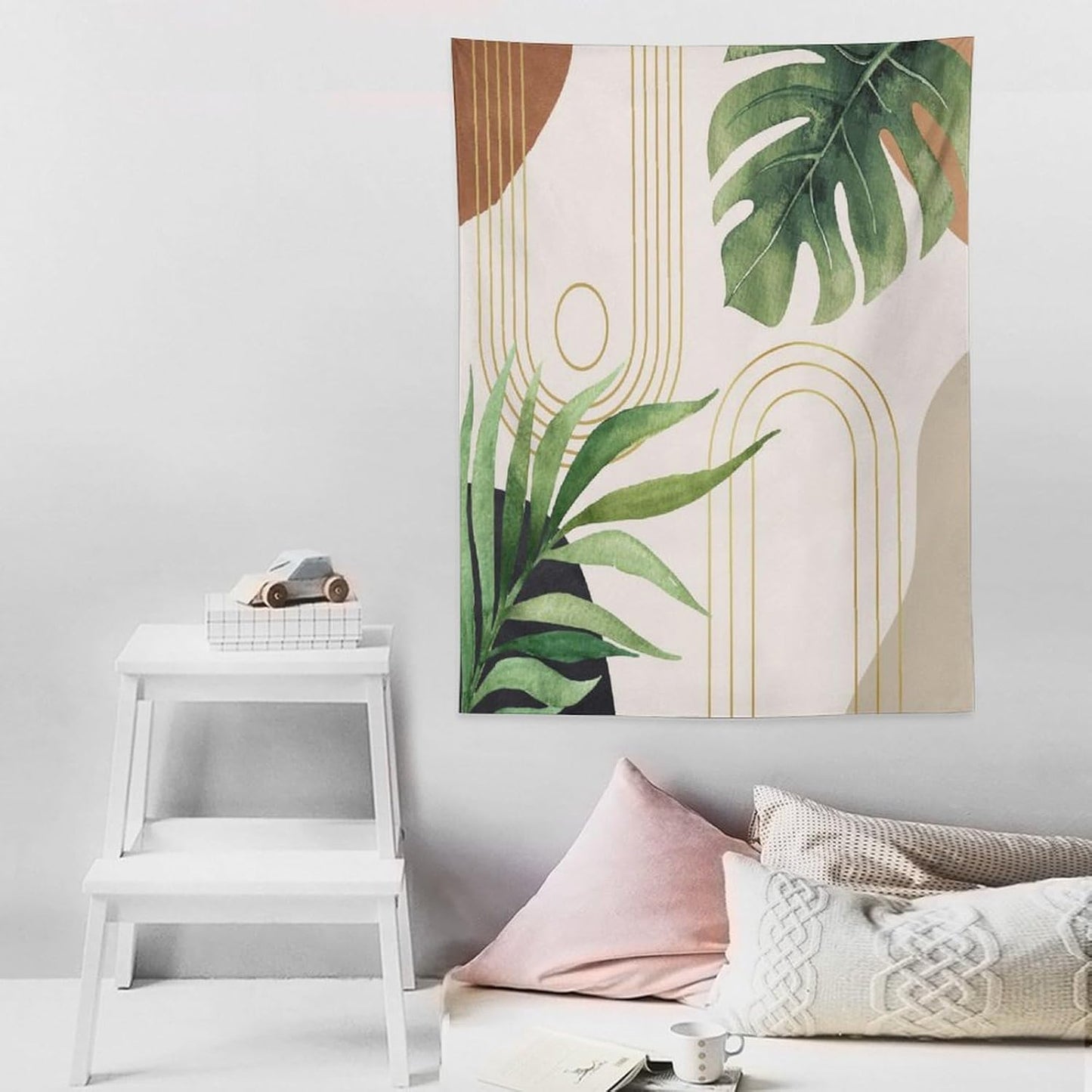 Abstract Boho Tapestry, Mid Century Tropical Tree Leaves Modern Geometric Arch Bohemian Botanical Tapestry, Home Aesthetic Wall Hanging Art Decor for Living Room Bedroom Dormitory 30x40 Inch