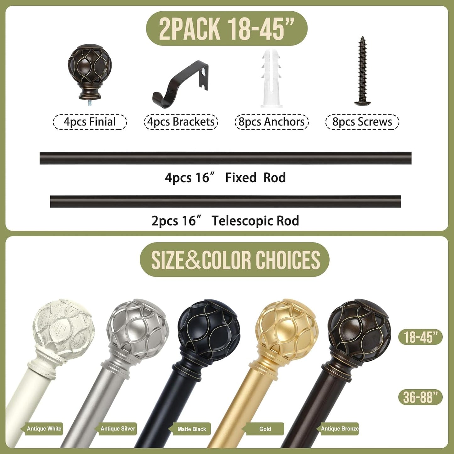 Bronze Farmhouse Curtain Rods for Windows:Heavy Duty Adjustable Curtain Rod for Bedroom Living Room,Boho Decorative Rustic Drapery Rods with Vintage Coastal Finial,Antique Bronze 2 Pack 18-45"