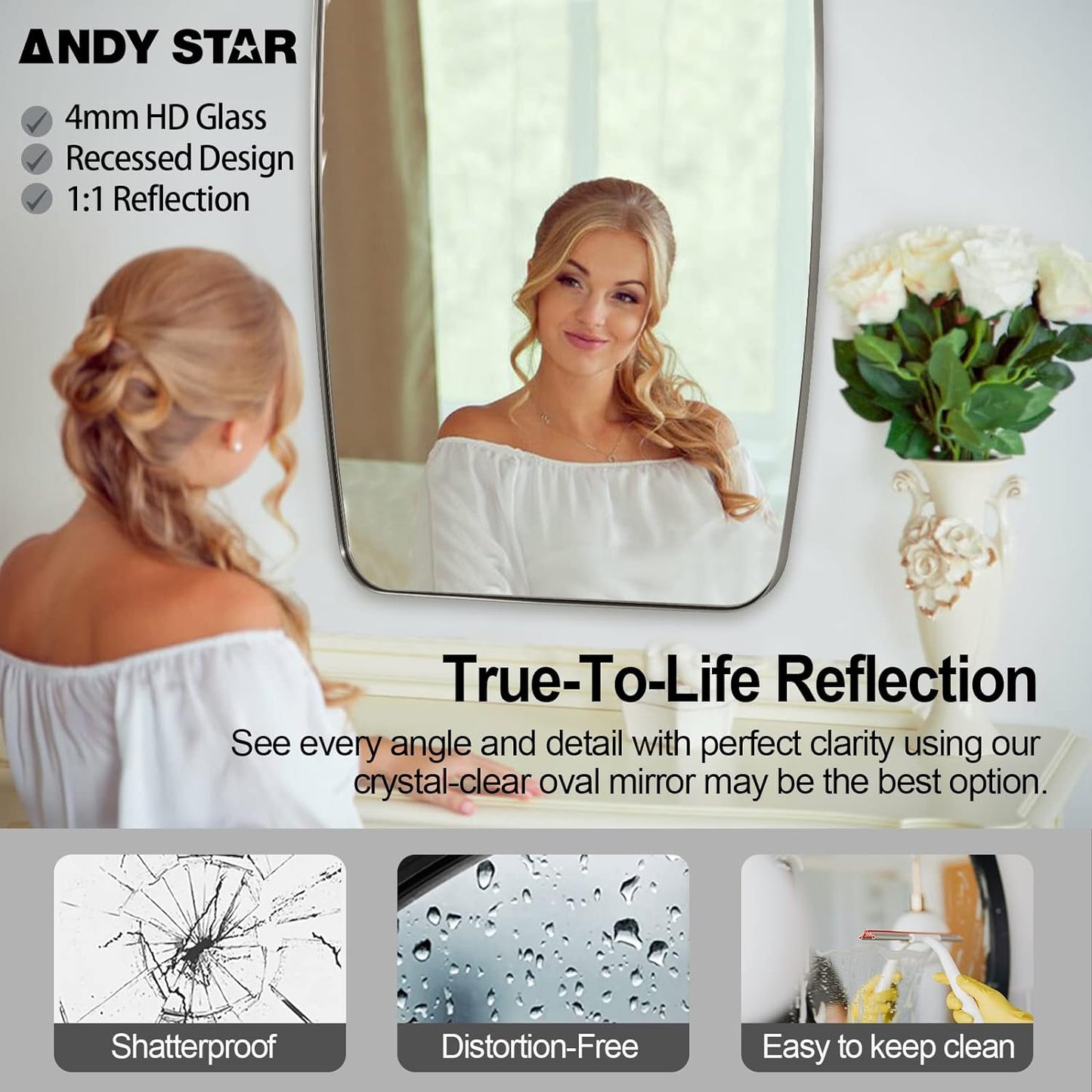 ANDY STAR Brushed Nickel Oblong Mirror, 36x40 Inch Brushed Nickel Oval Mirror for Bathroom with Stainless Steel Metal Frame, Wall Mouned for Bathroom, Living Room, Entryway