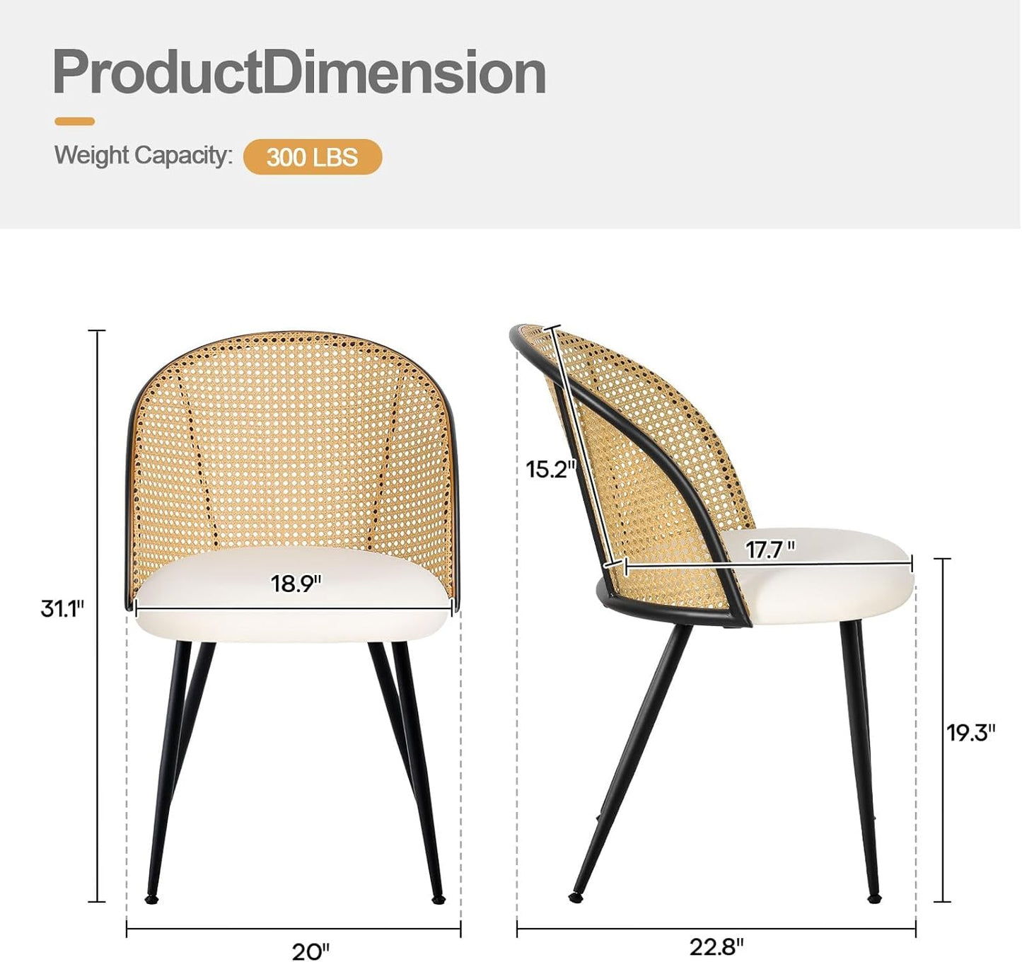 Dining Chairs Set of 2, Mid Century Modern Dining Room Chairs with Rattan Back, Faux Leather Kitchen Dining Chairs Farmhouse Armless Mesh Cane Back Side Chairs with Metal Legs, White