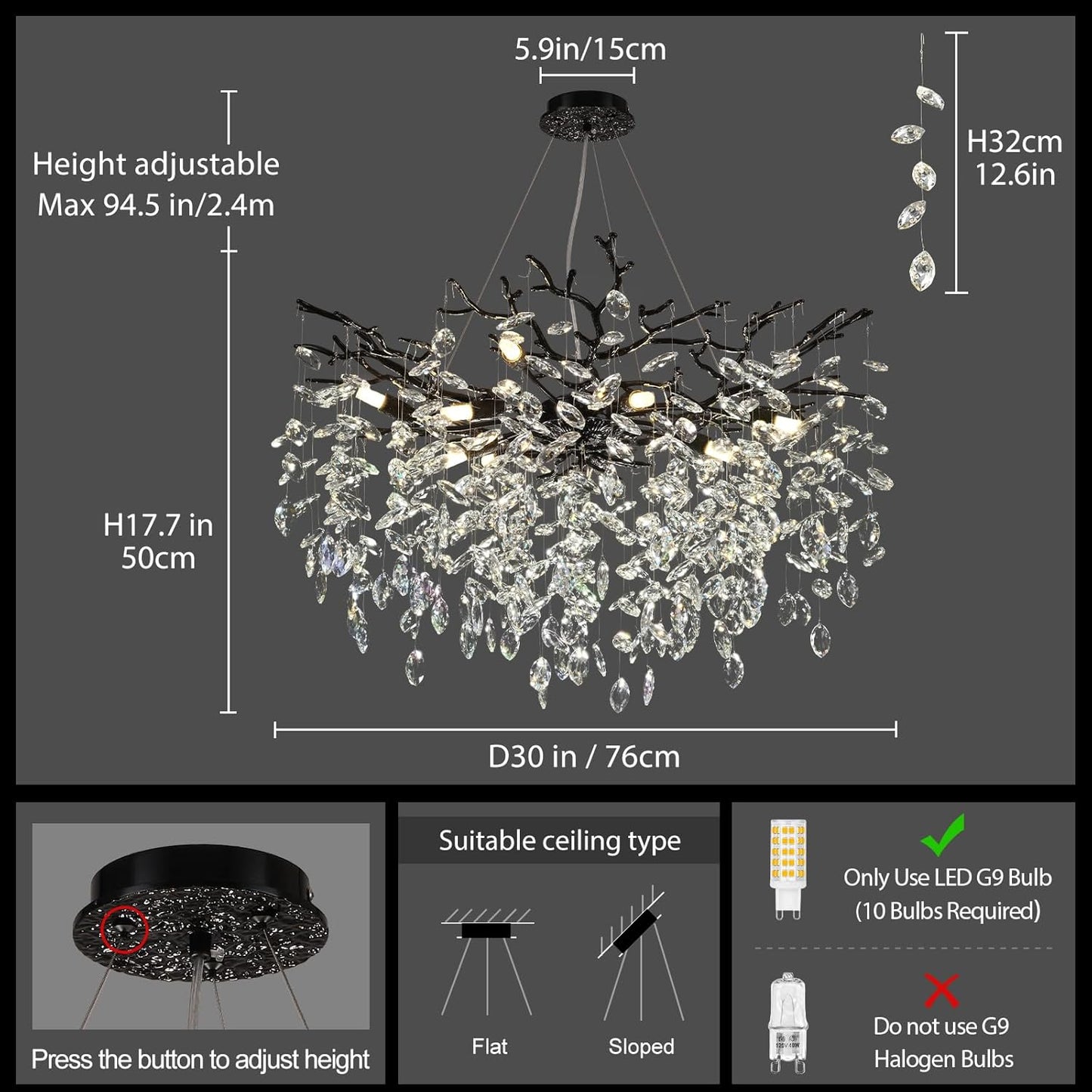 Modern Black Crystal Tree Branch Chandelier, 10-Light 30" Black K9 Crystal Chandeliers for Dining Room, Round Chandelier for Living Room,High Ceiling,Kitchen Island,Foyer,Staircase