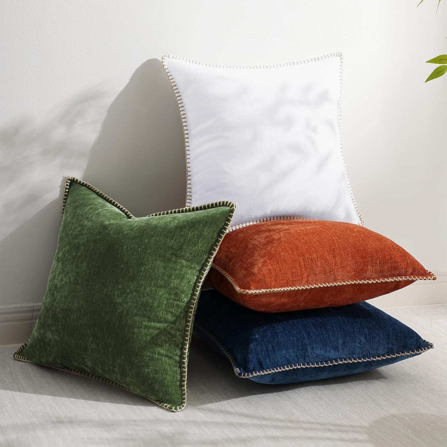 decorUhome Chenille Soft Throw Pillow Covers 22x22 Set of 2, Farmhouse Velvet Neutral Decorative Euro Pillow Covers with Stitched Edge for Couch Sofa Bed Home Decor, White