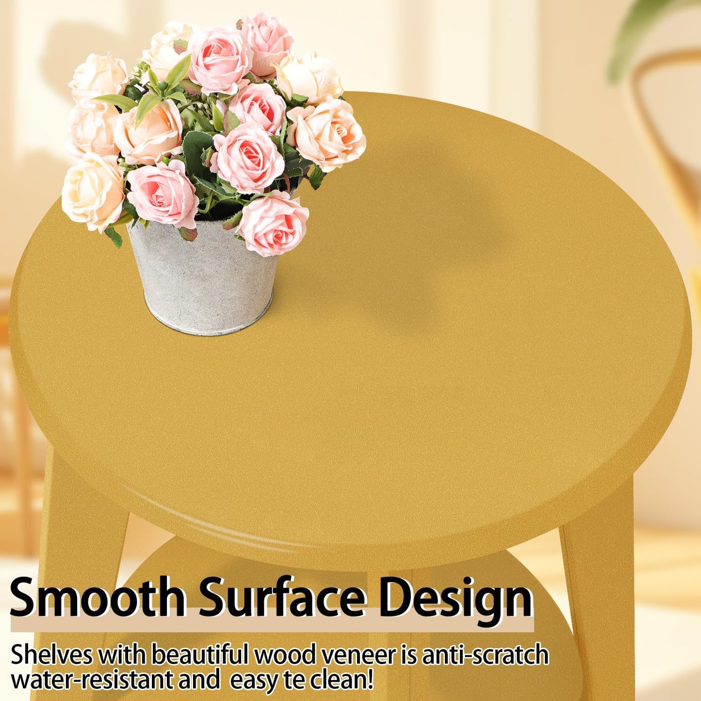 Round Side Table Gold Wooden End Table with Lower Shelf Rustic Vintage Nightstand Beside Table for Living Room Bedroom Small Spaces