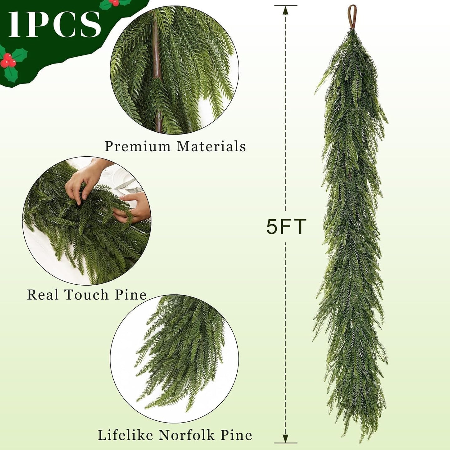 5FT Christmas Norfolk Pine Garland -1PCS, Artificial Pine Needles Garlands Faux Greenery Fake Garland for Holiday Fireplace,Table,Window,Stairs,Mante,Indoor Outdoor Decor