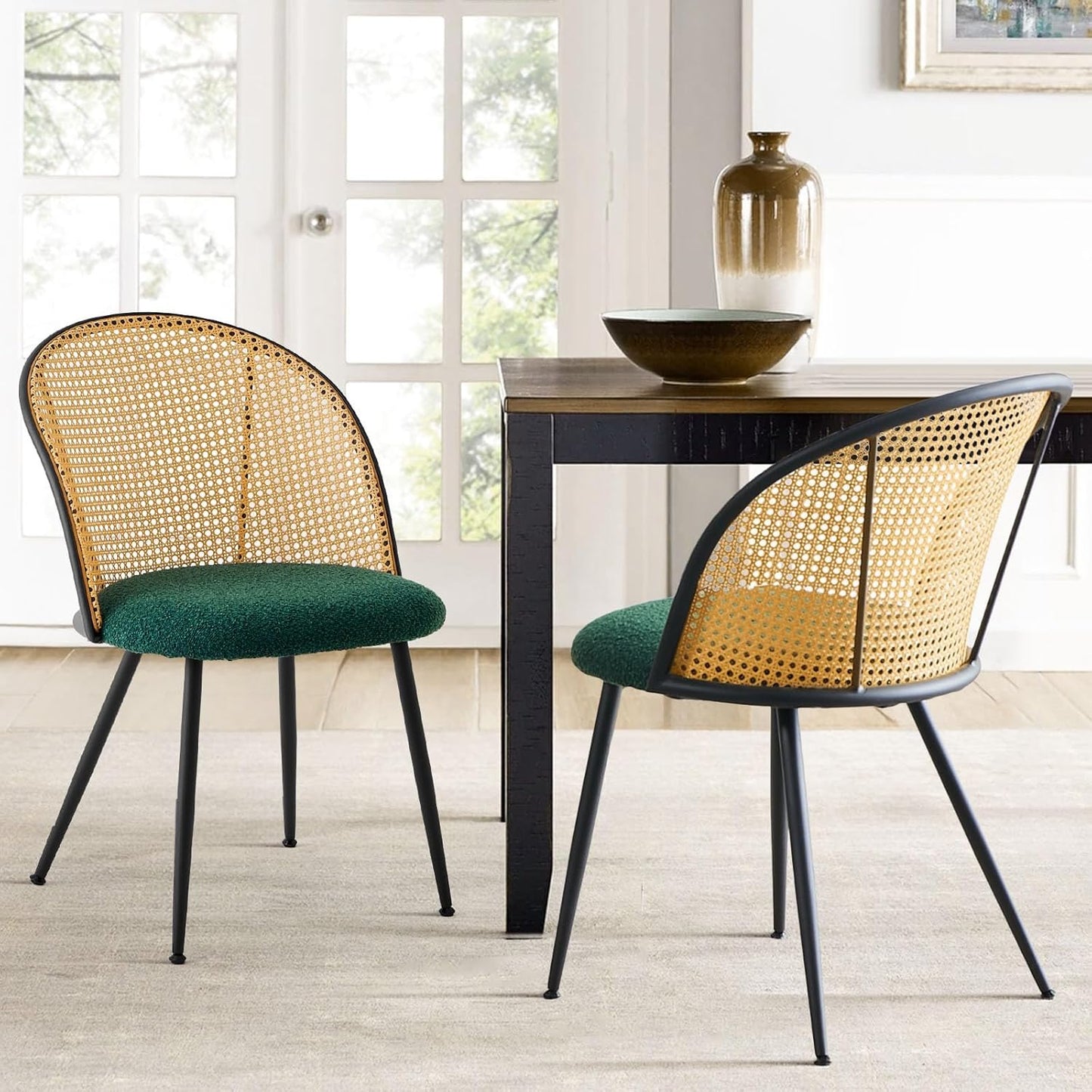 Rattan Dining Chairs Set of 2, Mid-Century Modern Kitchen Dining Room Chairs with Full Cane Backrest Armless Upholstered Farmhouse Boucle Dining Chairs with Metal Leqs for Dining Room, Green