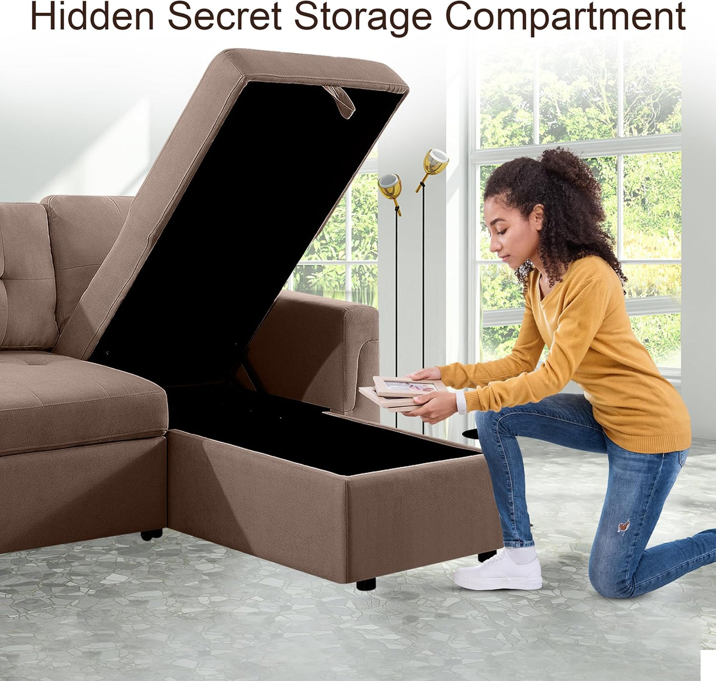 Naomi Home Transform Any Space: Sleeper Sectional Sofa with Convertible Sofa Bed & Inviting Chaise. Find Tranquil Comfort with Stress-Relieving Design & Durable Cushions - Mocha/Velvet