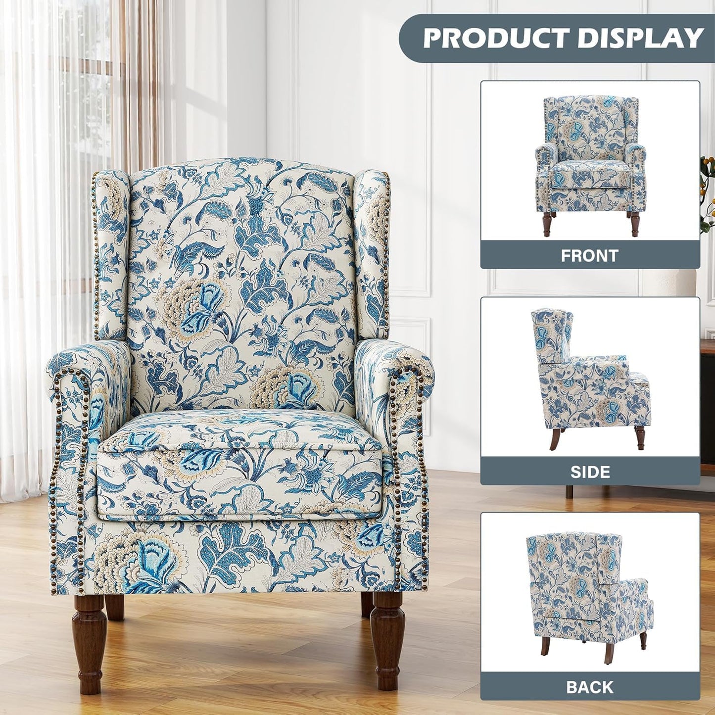 UIXE High Back Floral Accent Chair, Fabric Upholstered Armchair for Living Room, Retro Printed Wingback Arm Chair Nailhead Trim Single Sofa Bedroom Reading Seat - Boho Blue