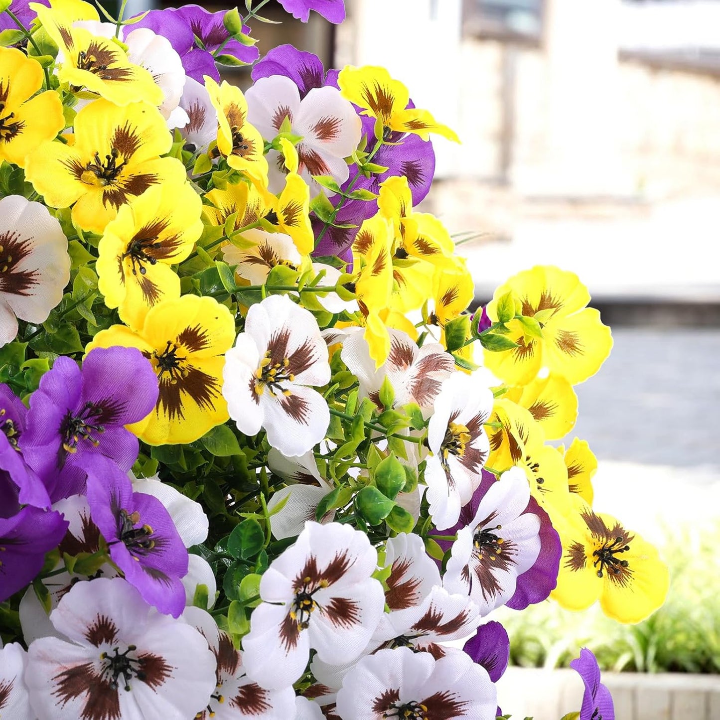 18 Bundles Artificial Fake Pansy Flowers for Outdoor, Faux UV Resistant Silk Pansies Flowers for Outside Planter Front Door Porch Yard Patio Window Box Home Decor (18, Purple, Yellow, White)