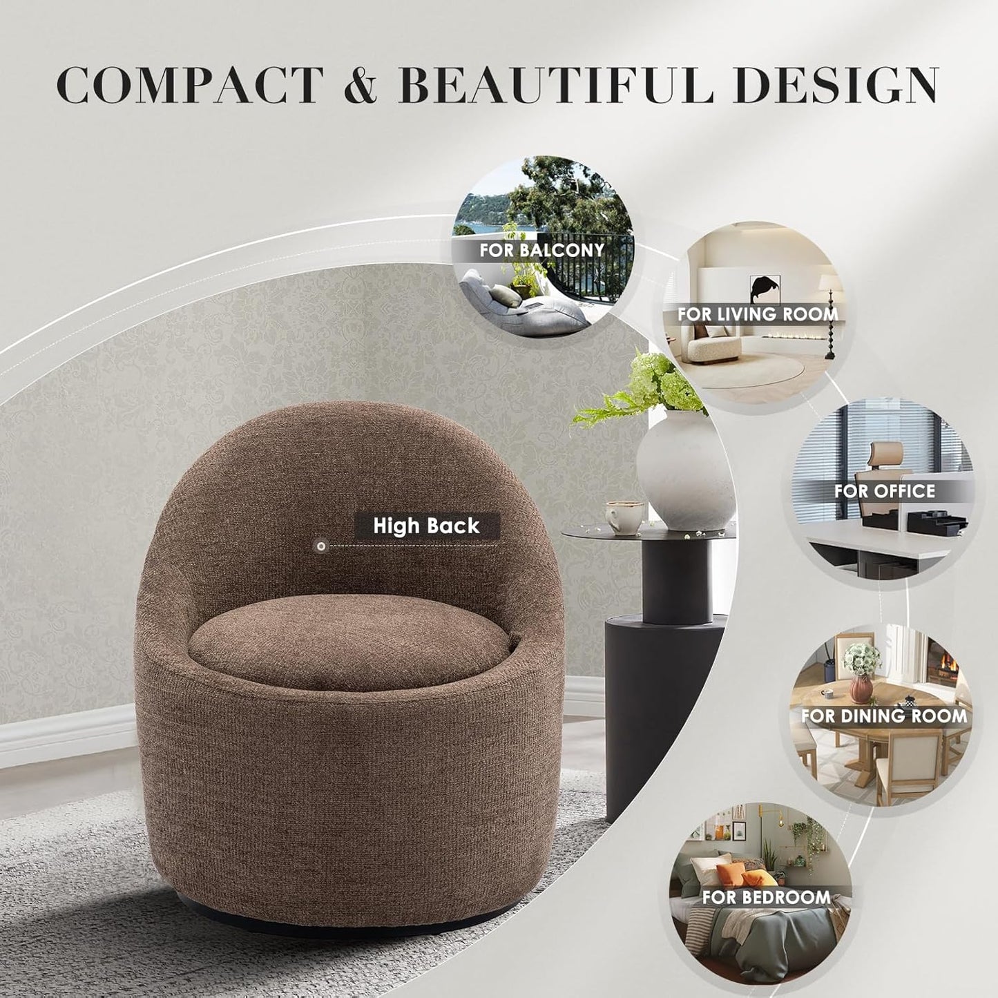 COLAMY Swivel Accent Chair, 360° Swivel Chair with Hidden Storage, Modern Small Barrel Swivel Armchair for Living Room/Bedroom, Brown