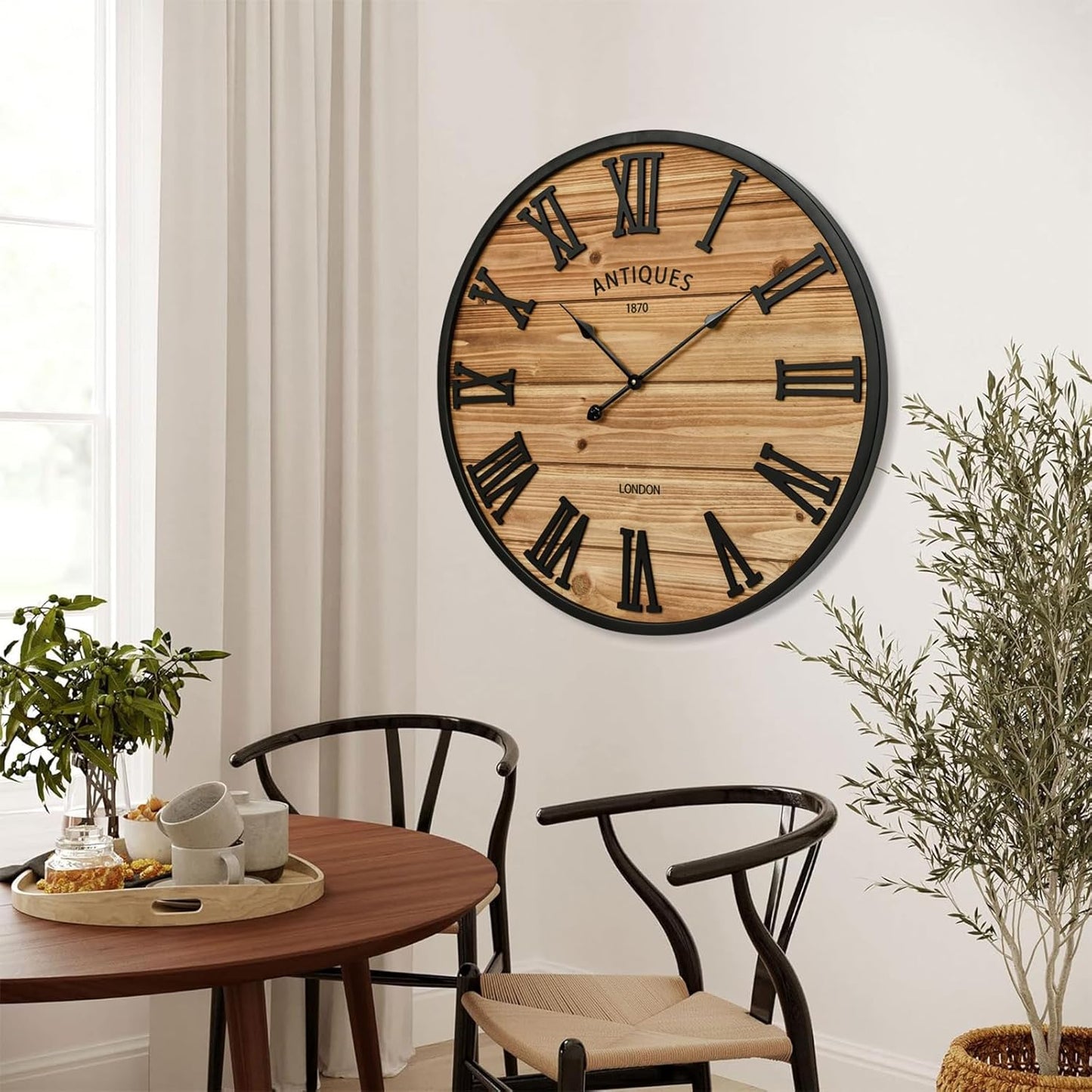 30 Inch Farmhouse Wall Clock - Large Rustic Wood, Silent Sweep, Battery Operated for Living Room Kitchen Office, Brown