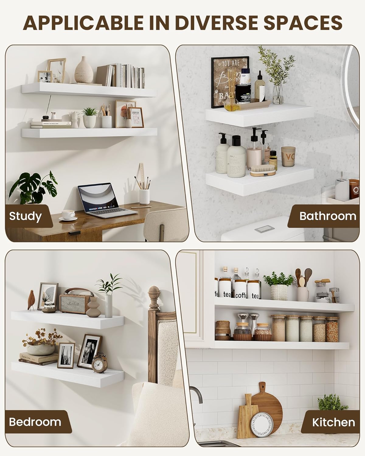 Marsmiles 16" Floating Shelves for Wall, Wooden Shelves with Invisible Brackets Set of 2, Rustic Farmhouse Wall Mounted Shelf for Kitchen Bathroom Living Room Study, White