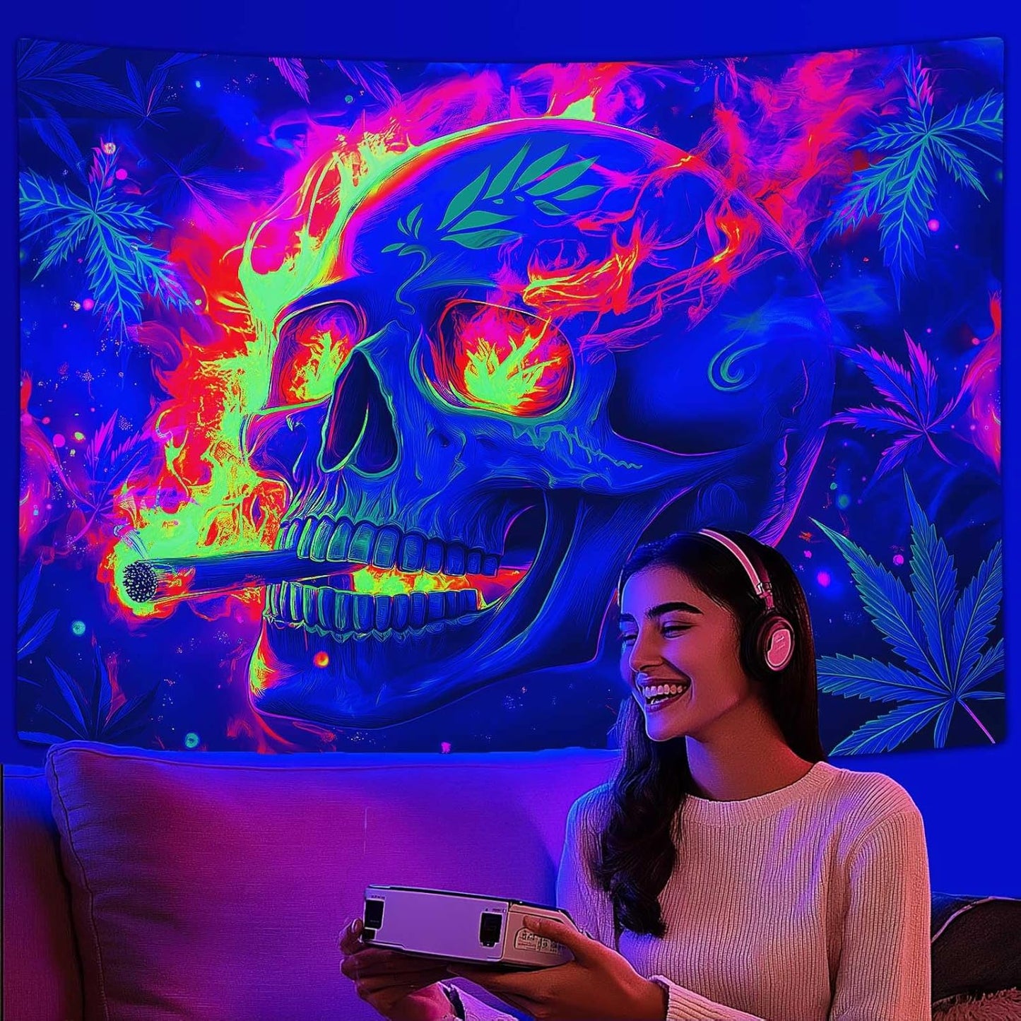 Blacklight Skeleton Tapestry, Glowing Skull UV Reactive Gothic Wall Hanging Tapestries, Glow in the Dark Grim Reaper Magic Horror Face Halloween Poster Tapestry for Bedroom Living Room Decor 60X51IN