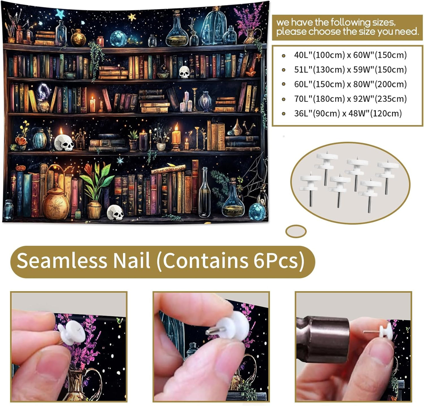 HVEST Magic Bookshelf Tapestry Vintage Bookshelf Witchy Books Plant Skull Gothic Halloween Tapestry Wall Hanging Starry Sky Wall Decor for Bedroom Living Room Dorm, 40L x 60W Inches