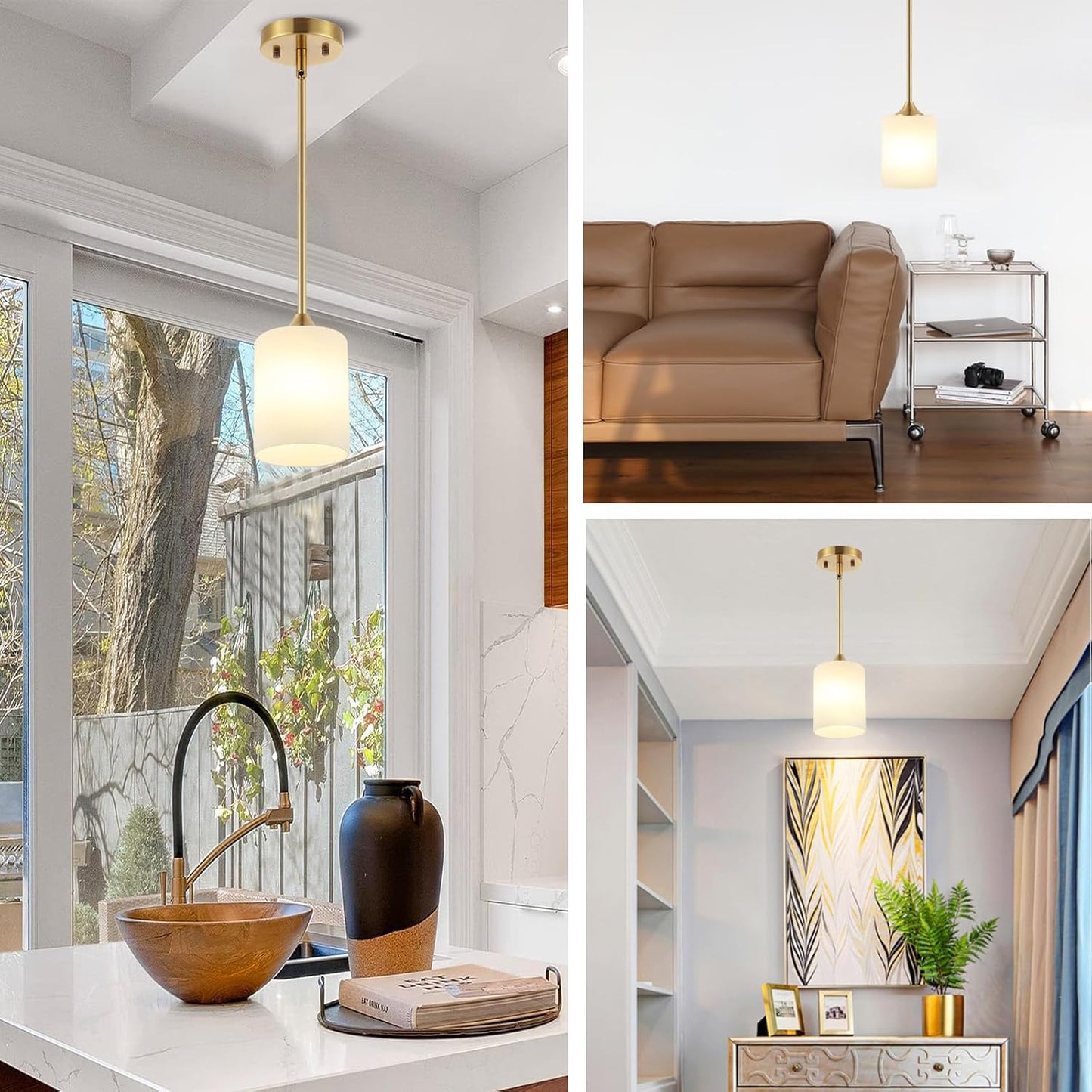 Modern Gold Pendant Light Brushed Brass Mid Century Chandelier White Cylinder Glass Shades Adjustable Rods Farmhouse Ceiling Hanging Lighting Fixture Kitchen Island Dining Room Bedroom