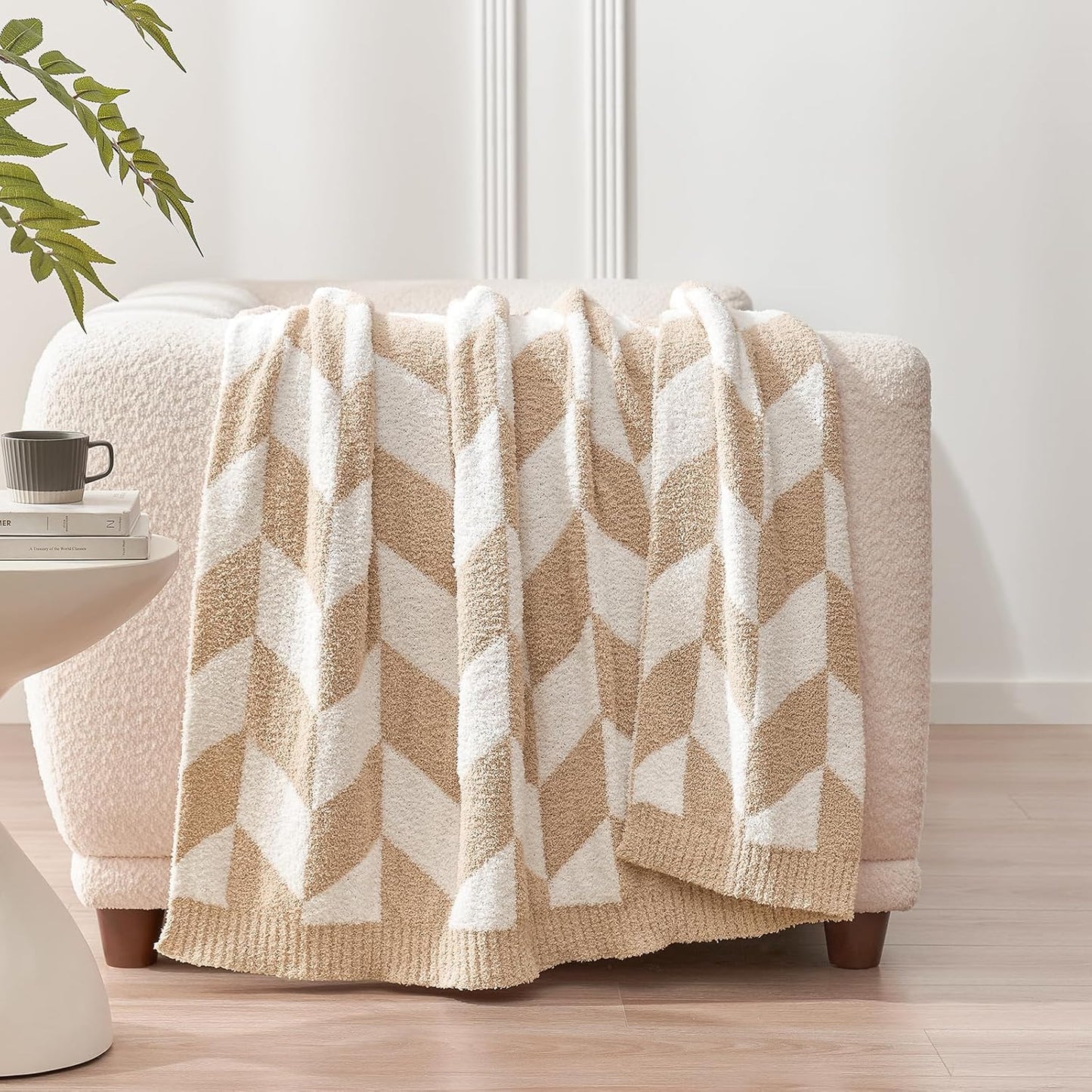 Snuggle Sac Beige Twin Size Blankets for Bed, Super Soft Warm Blankets Oversized Cozy Knit Fuzzy Blanket for Living Room, Chevron Beige,60x80 inches