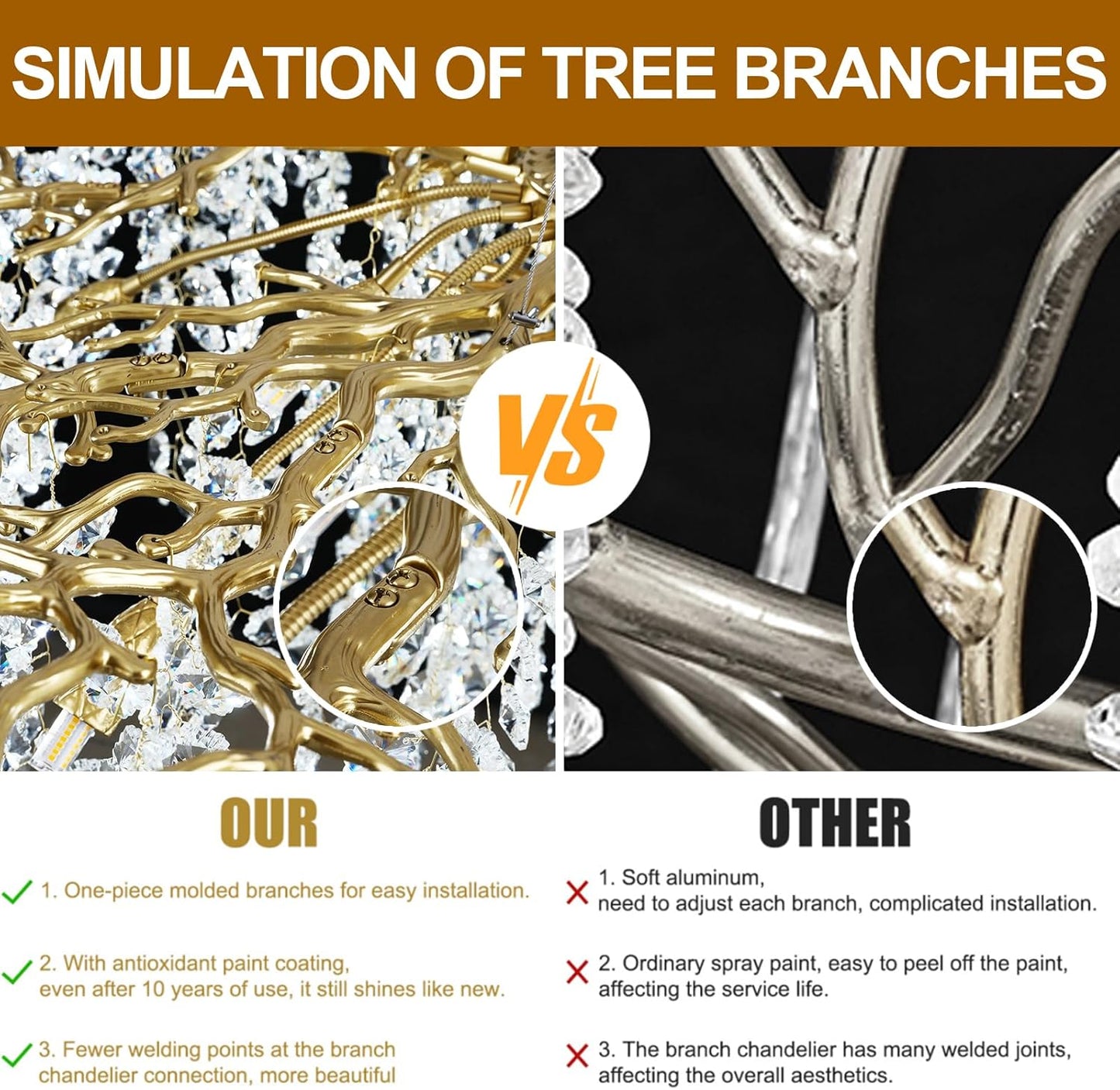 Modern Crystal Gold Chandelier,72" Large Rectangular Chandeliers for Dining Room, Tree Branch Crystal Lving Room Chandelier,Dining Room Over Table Chandeliers,Fixture Height-Adjustable