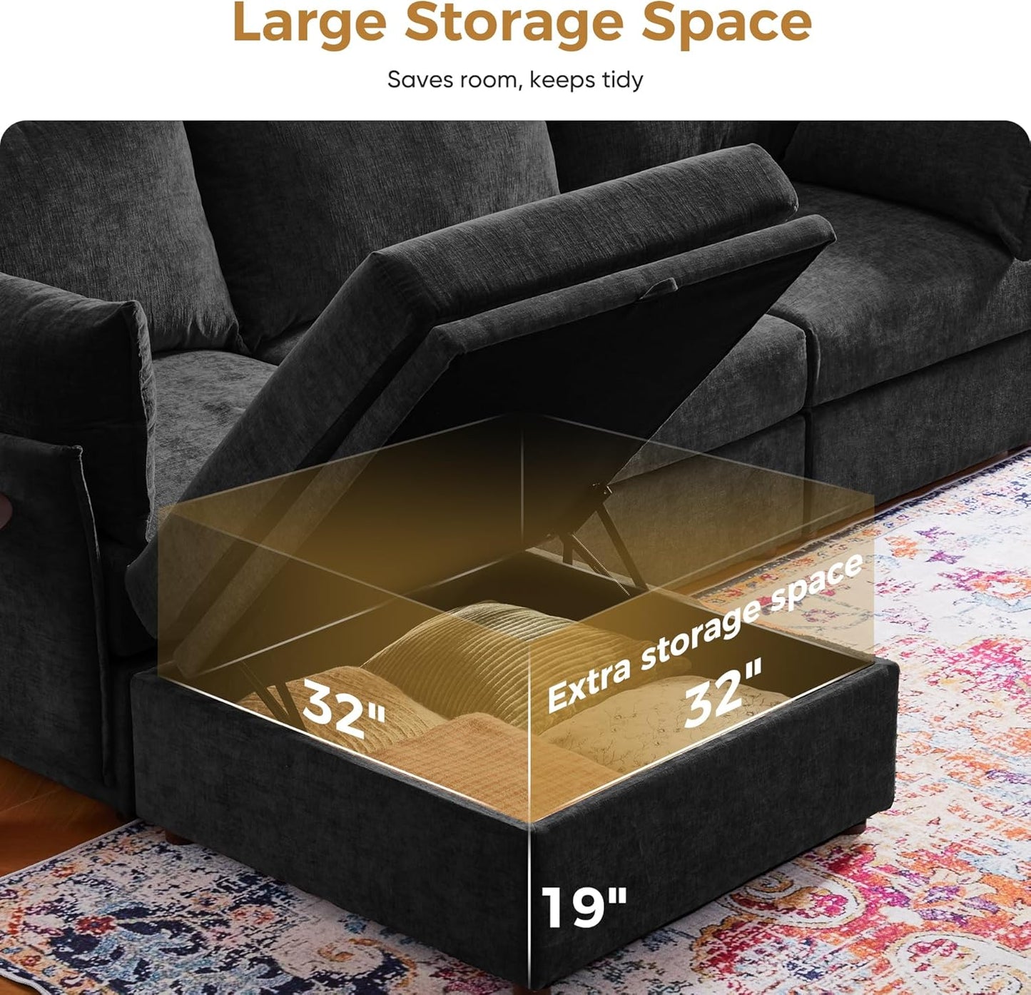 136.4" Oversized Modular Sectional Sofa, L Shaped Convertible Couch with Movable Ottoman, Large 7 Seat Corner Couches for Living Room Deep Seat Black Chenille