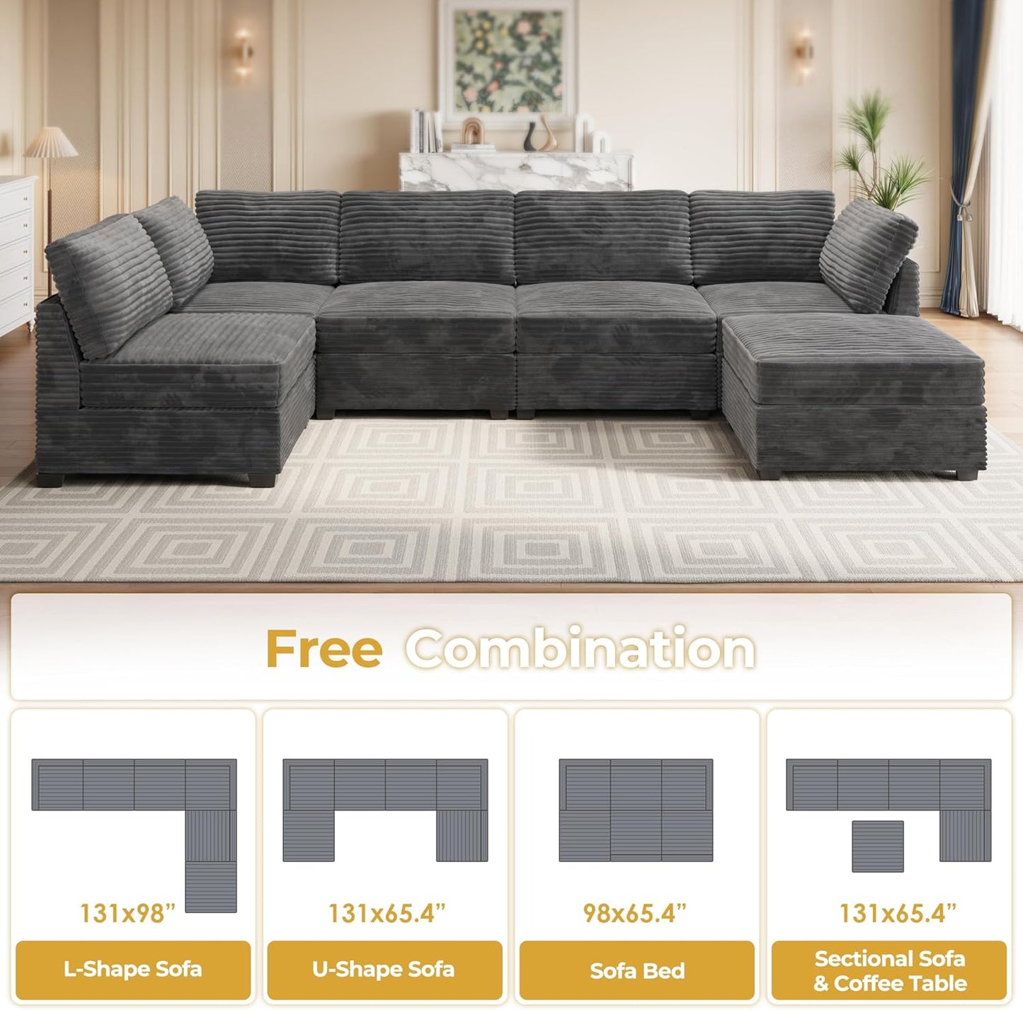 HOOOWOOO Modular Sectional Sofa,6 Pieces Sectional Couches for Living Room,98X98 L Shaped Cloud Couch with Ottoman Chaise Set(Grey Velvet Corduroy)