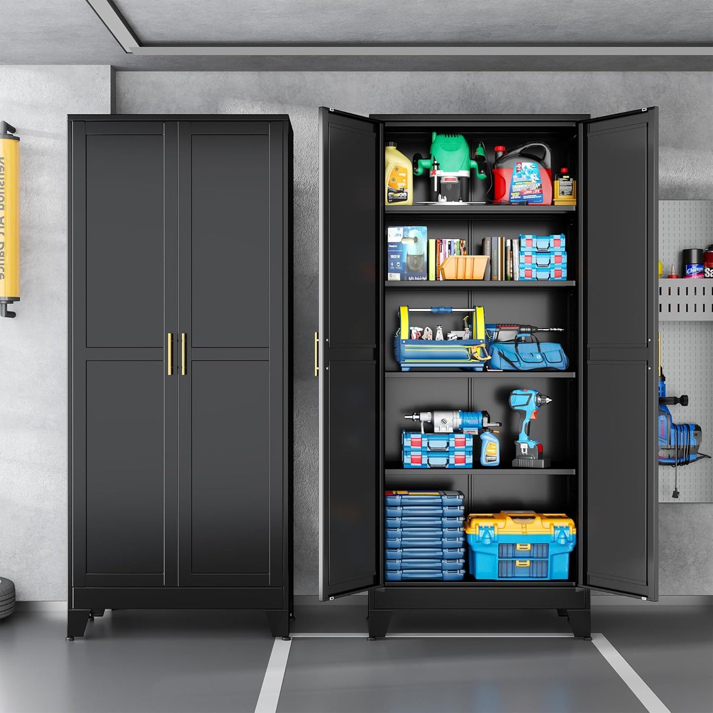 Black Metal Storage Cabinet,75" Steel Cabinets for Home Office, Kitchen Pantry Storage Cabinet with Doors and 5 Adjustable Shelves, Tool Cabinets, for Office, Home, Garage, School