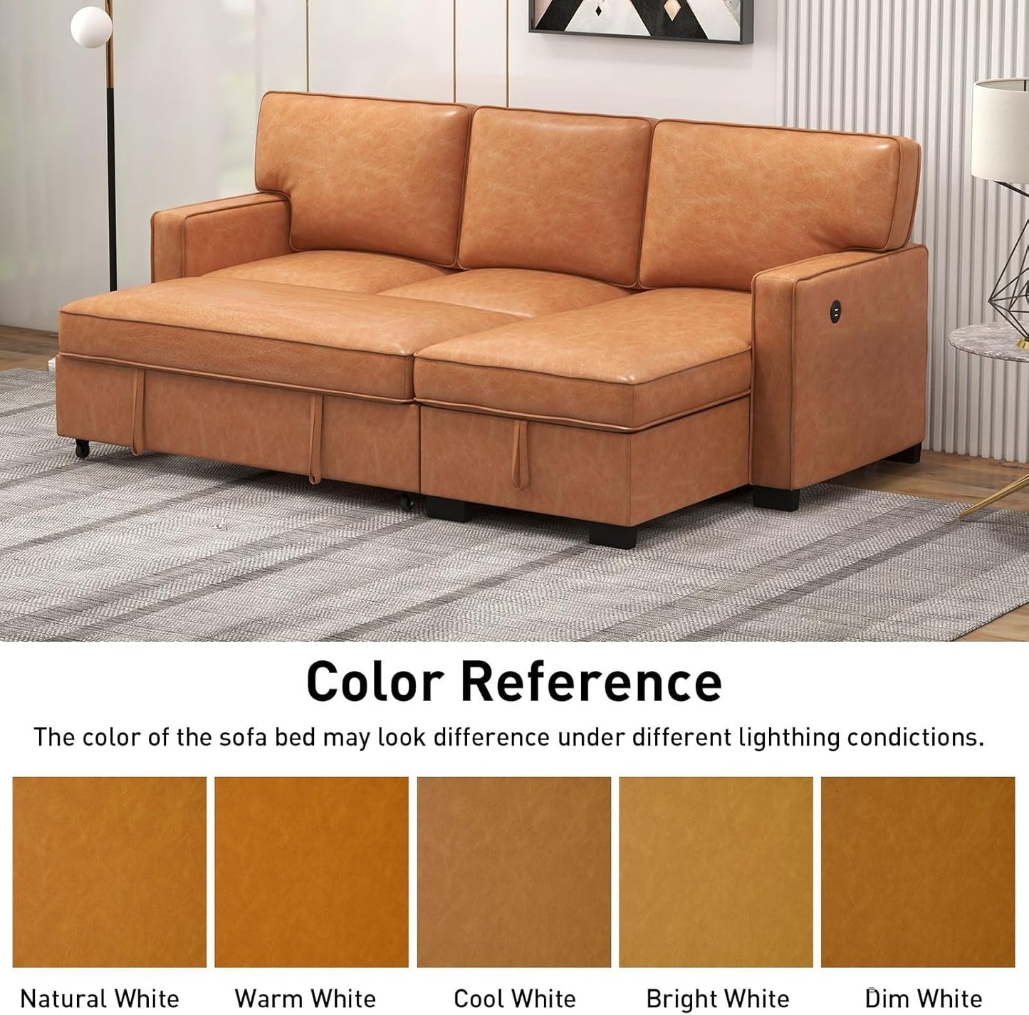 EBELLO Convertible Sleeper Sofa 3 in 1, Faux Leather Modern L-Shaped Couches for Living Room, Pull Out Sectional Futon Sofa Bed with Storage Space, USB Ports and Cup Holders for Bedroom, Brown