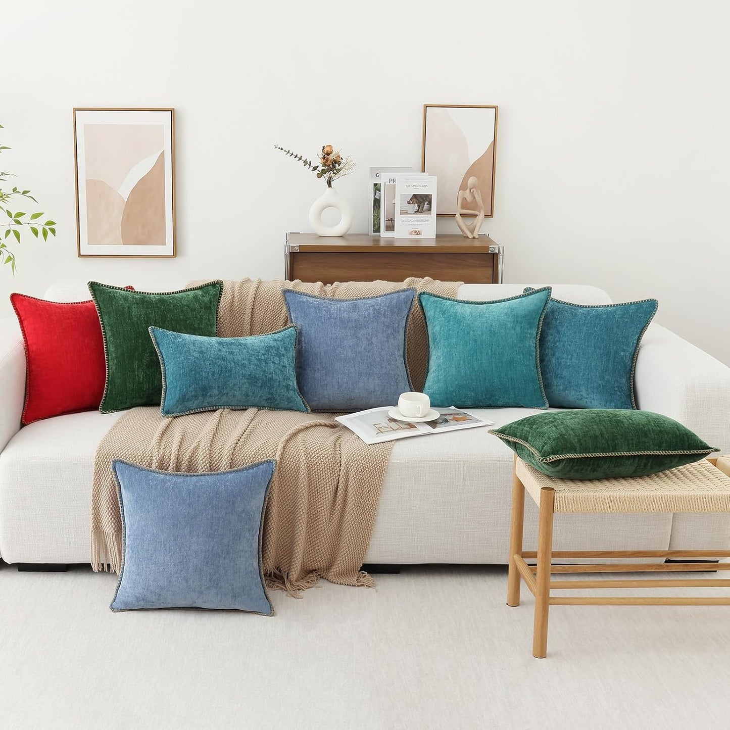 decorUhome Chenille Soft Throw Pillow Covers 16x16 Set of 2, Farmhouse Velvet Neutral Decorative Euro Pillow Covers with Stitched Edge for Couch Sofa Bed Home Decor, Turquoise