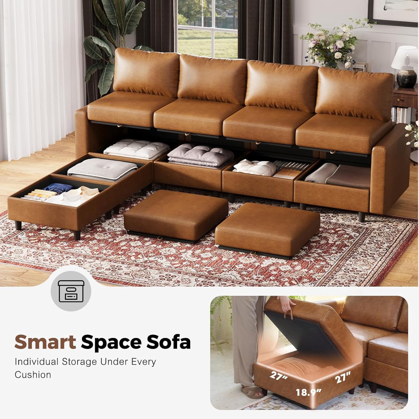118.5" Faux Leather Modular Sectional Convertible Sofa, L Shaped Couch Set for Living Room, Large 8-Seater Comfy Cloud Couches with Movable Storage Ottoman DIY Combination - Brown
