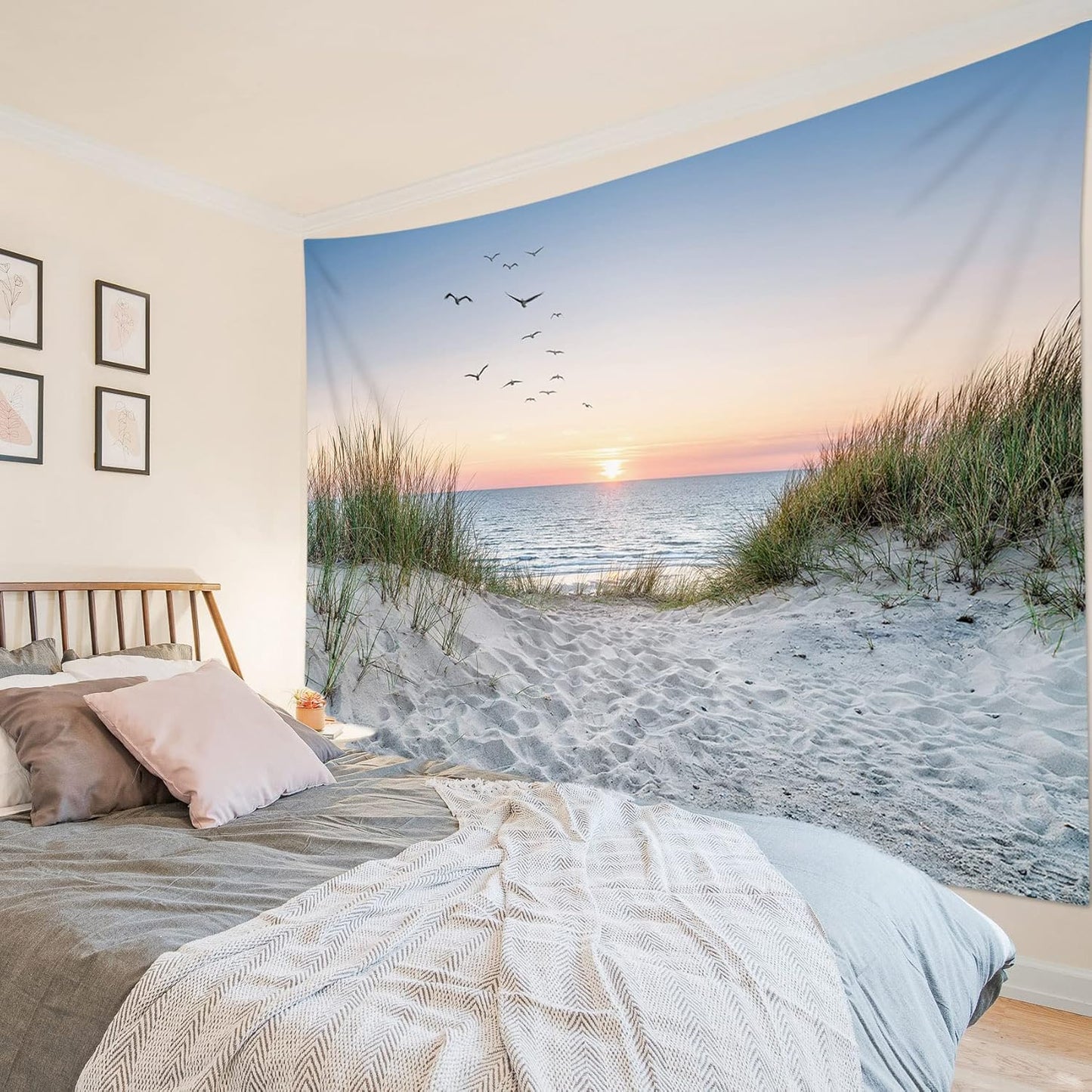 HVEST Ocean Beach Tapestry Wall Hanging, Sunset Seabird and Beach with Grass Wall Tapestry Natural Landscape Tapestries for Bedroom Living Room Dorm Decoration, 60x40 Inches