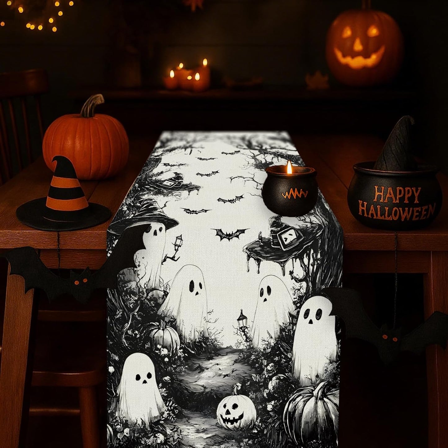 GPGHE Halloween Table Runner Black Ghost Holiday Burlap Table Decoration Indoor Outdoor Home Decor Party Supply 13 x 36 Inch
