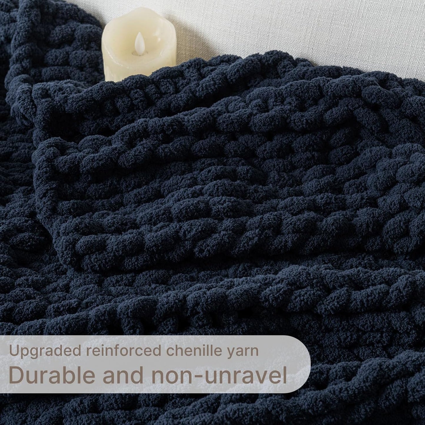 Chunky Knit Blanket Throw, 100% Hand Knit Throw Blanket Handmade Chenille Cable Knit Throw for Couch, Stylish Cozy Soft Rope Knot Crochet Blanket for Home Decor, Navy Blue, 50x60 Inches
