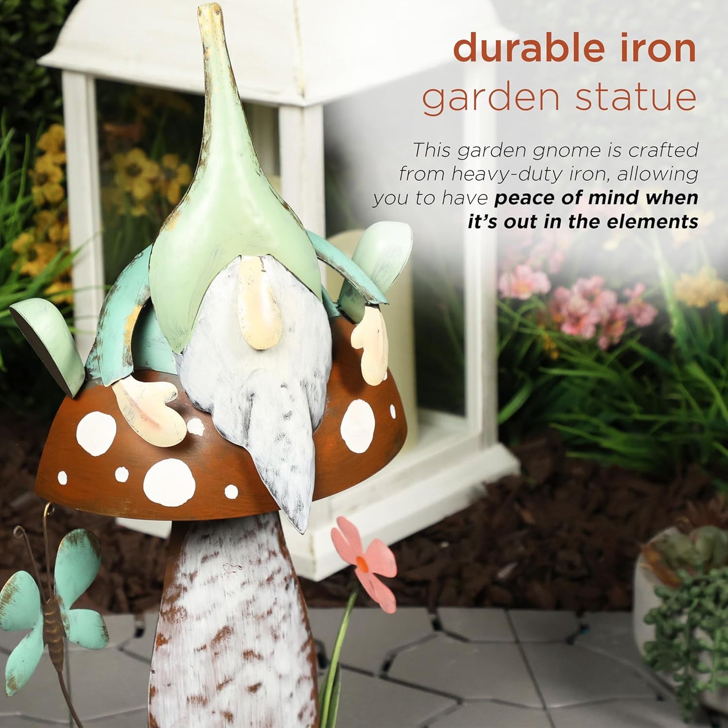 Alpine Corporation - Metal Gnome with Mushroom – 20" Tall Durable Iron Garden Statue, Whimsical Outdoor Décor for Patio, Lawn, Yard (Multicolor)