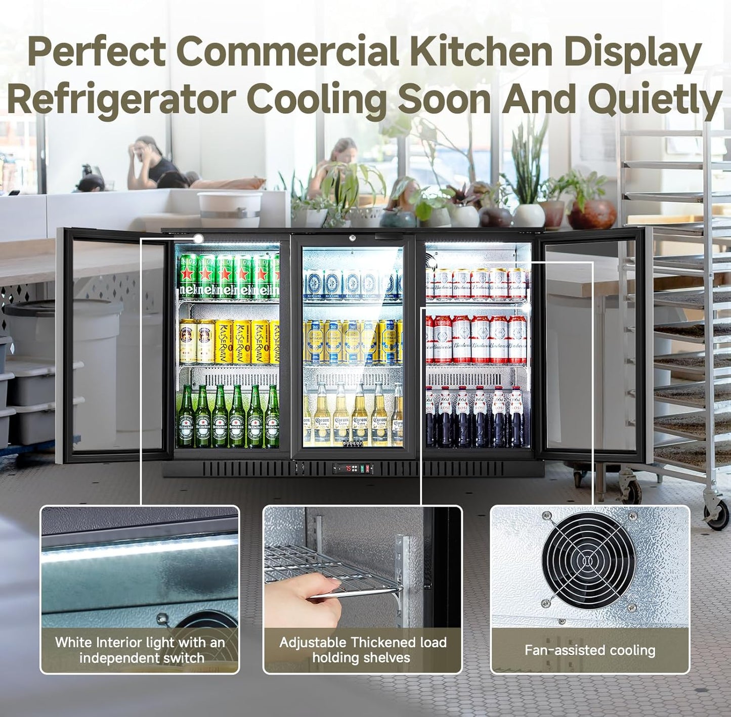 BODEGACOOLER Back Bar Cooler With 3 Glass Doors,11.4 Cu.Ft Commercial Back Bar Fridge with LED Lighting,Counter Height Bar Outdoor Beverage Cooler for Beer,Soda Drinks,Wine