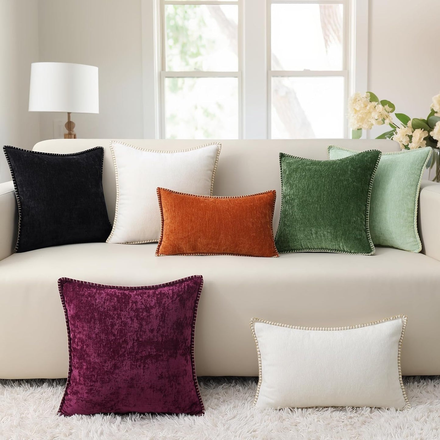 decorUhome Chenille Soft Throw Pillow Covers 18x18 Set of 2, Farmhouse Velvet Neutral Decorative Euro Pillow Covers with Stitched Edge for Couch Sofa Bed Home Decor, Black