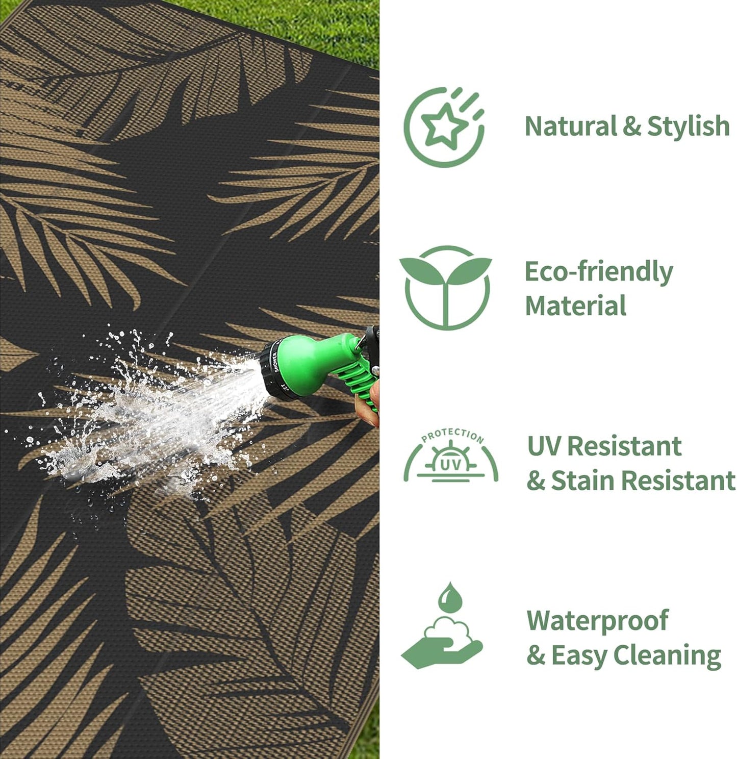 GENIMO Outdoor Rug 8' x 10' Waterproof for Patios Clearance, Reversible Outdoor Plastic Straw Camping Rug Carpet, Large Area Rugs Mats for RV, Camper, Deck, Balcony, Porch, Beach, Picnic, Black&Brown