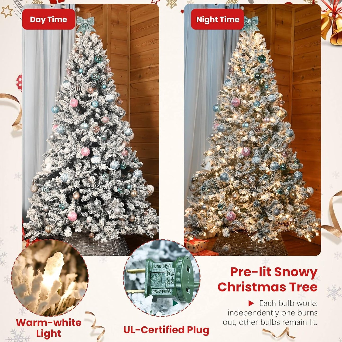 8 ft Flocked Snow Frosted Artificial Christmas Tree with 700 UL Lights & Pine Cones, 1754 Tips, Auto Hinged Easy Setup Full Prelighted