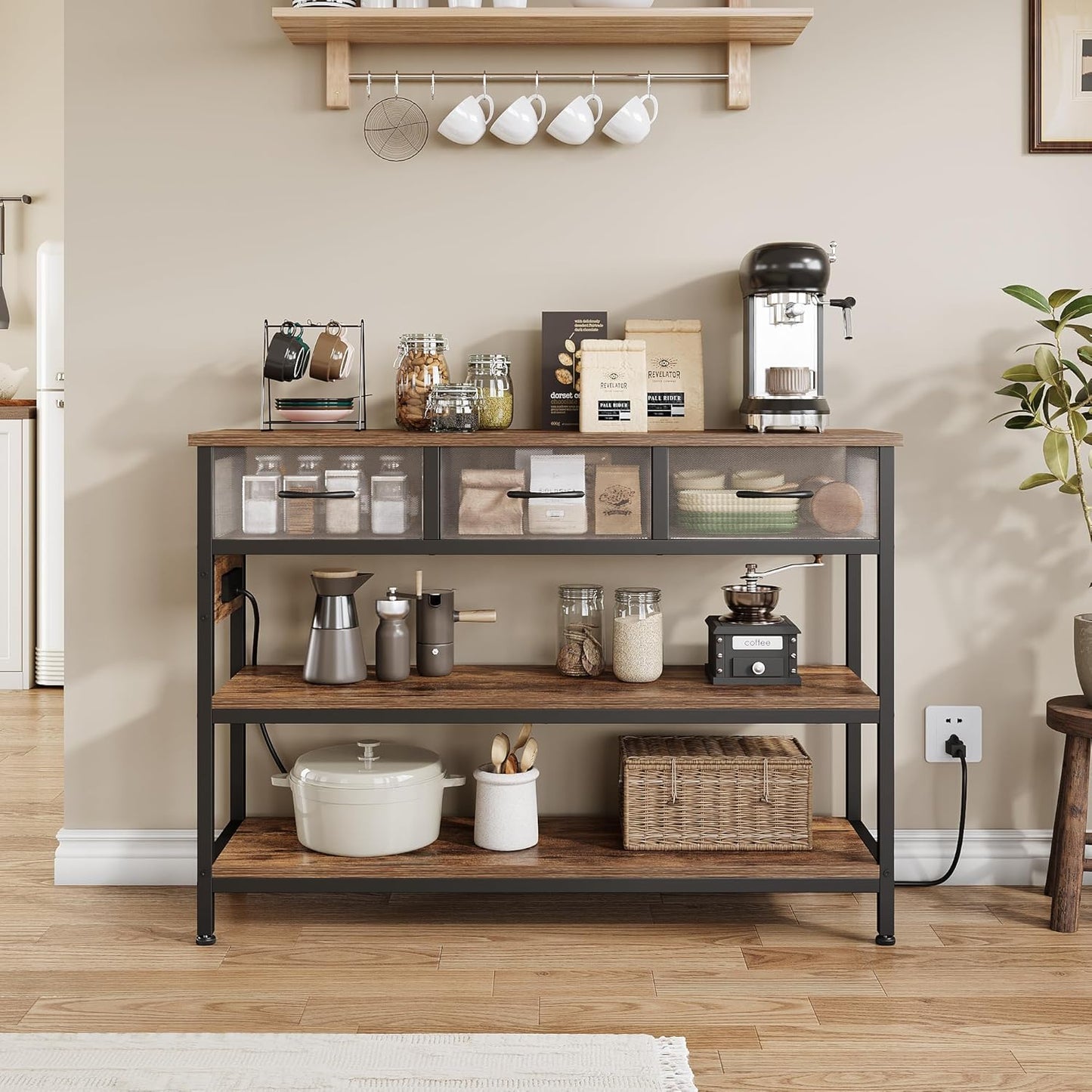 Lulive 2 Pack Entryway Tables with Power Outlets, Console Table with 3 Fabric Drawers, Sofa Table for Living Room, Hallway, Couch, Foyer, Height Adjustable