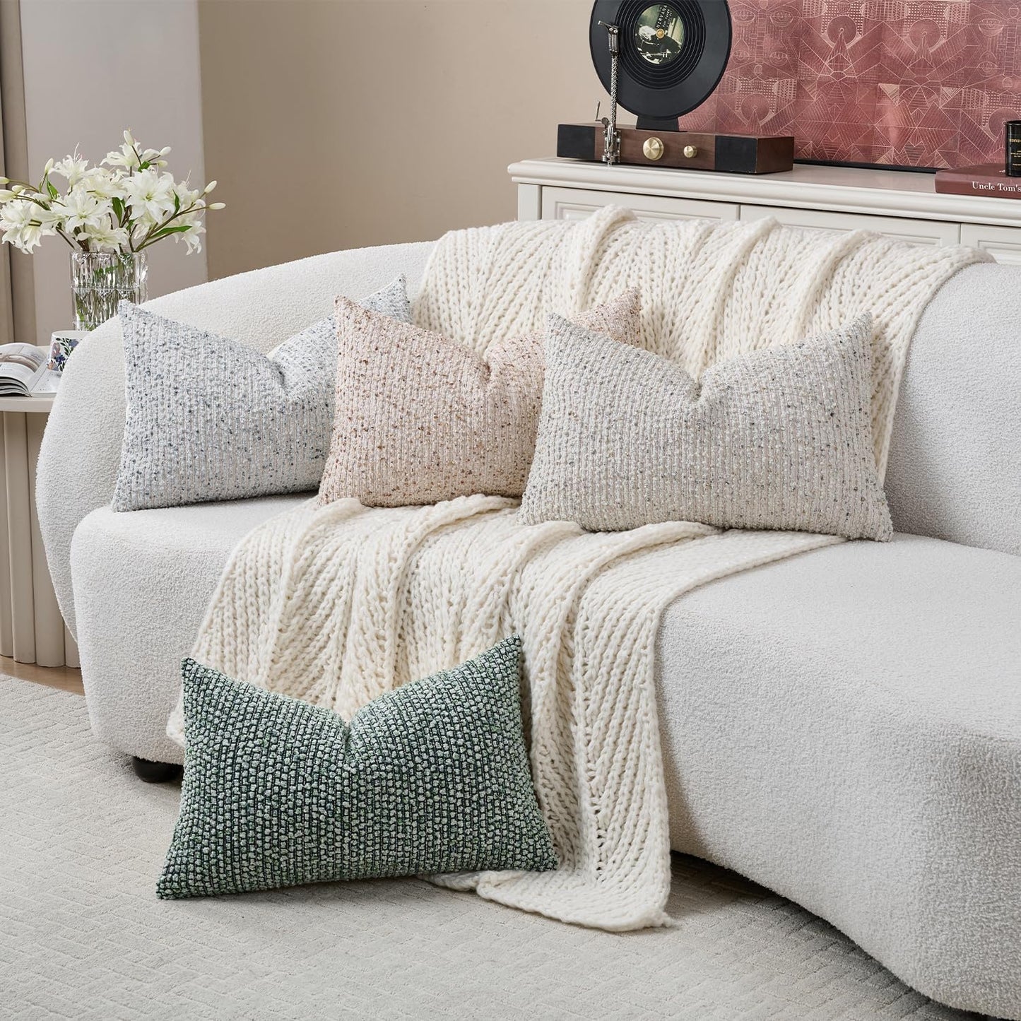 Striped Throw Pillow Covers 12x20 Set of 2 Cream Grey Textured Boucle Chic Morden Boho Accent Farmhouse Rectangular Lumbar Decorative Couch Pillow Covers for Home Decor Bed Sofa Living Room