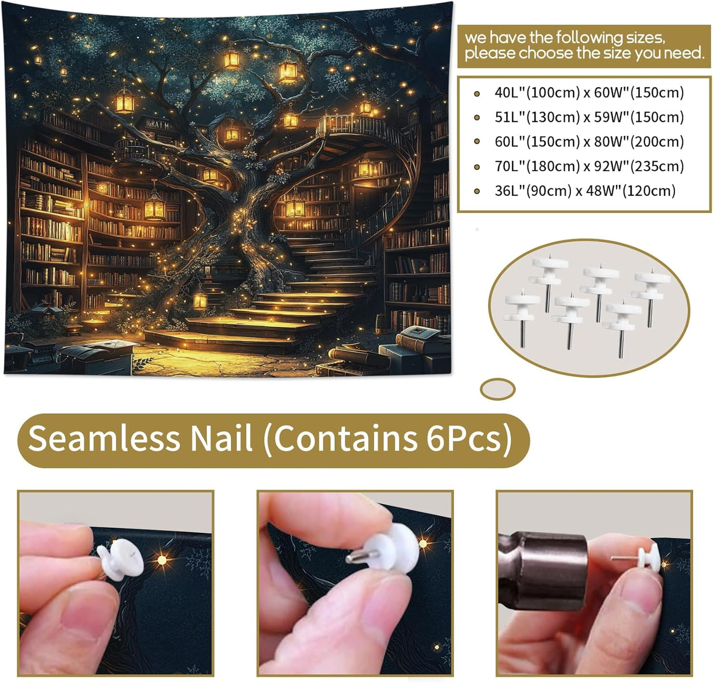 HVEST Fantasy Library Bookshelf Tapestry Wall Hanging Fairytale Tree Magic Bookshelf Tapestry Aesthetic Retro Vintage Tapestries for Bedroom Living Room Dorm, 51L x 59W Inches