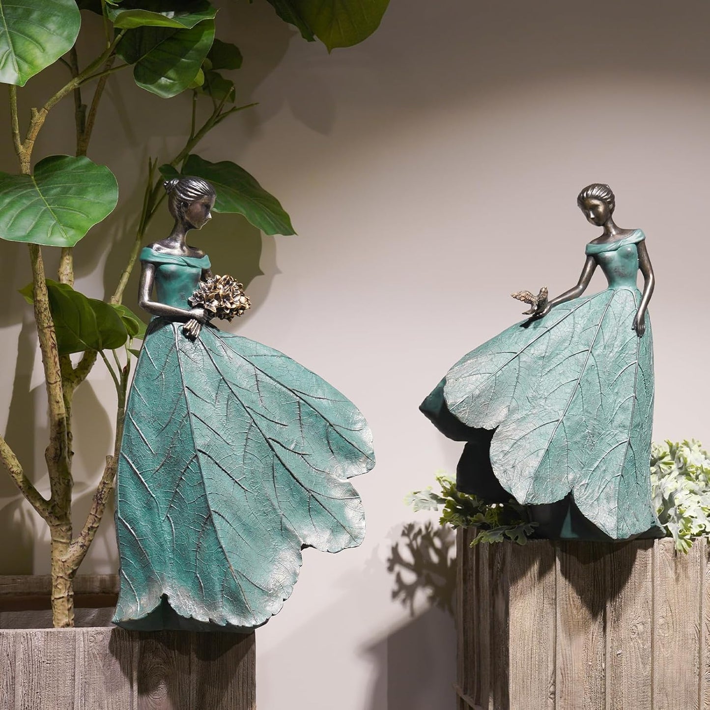 Guichifun Fairy Statue Collection Home Decoration - Leaf Angel Girls Resin Home Decor for Outside or Inside Rustic Garden Outdoor Yard Decorations Figurines Gift 14.25 x 9 x 20.25 Inch