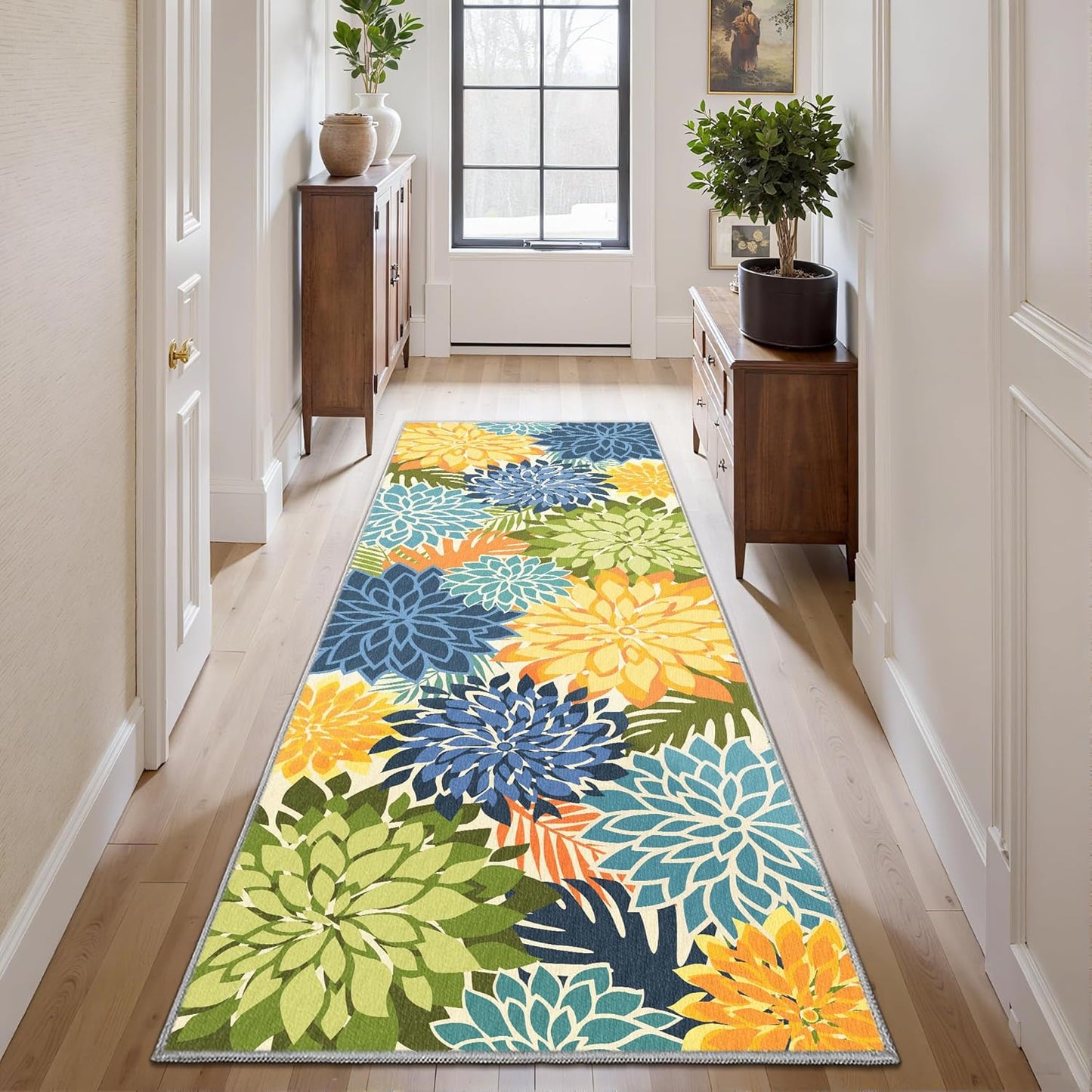Area Rug 2x6 Yellow Green Washable Entry Rug Multicolored Tropical Botanical Modern Floral Indoor Kitchen Door Mat Entrance Carpet Non Slip for Bedroom Living Room, Porch
