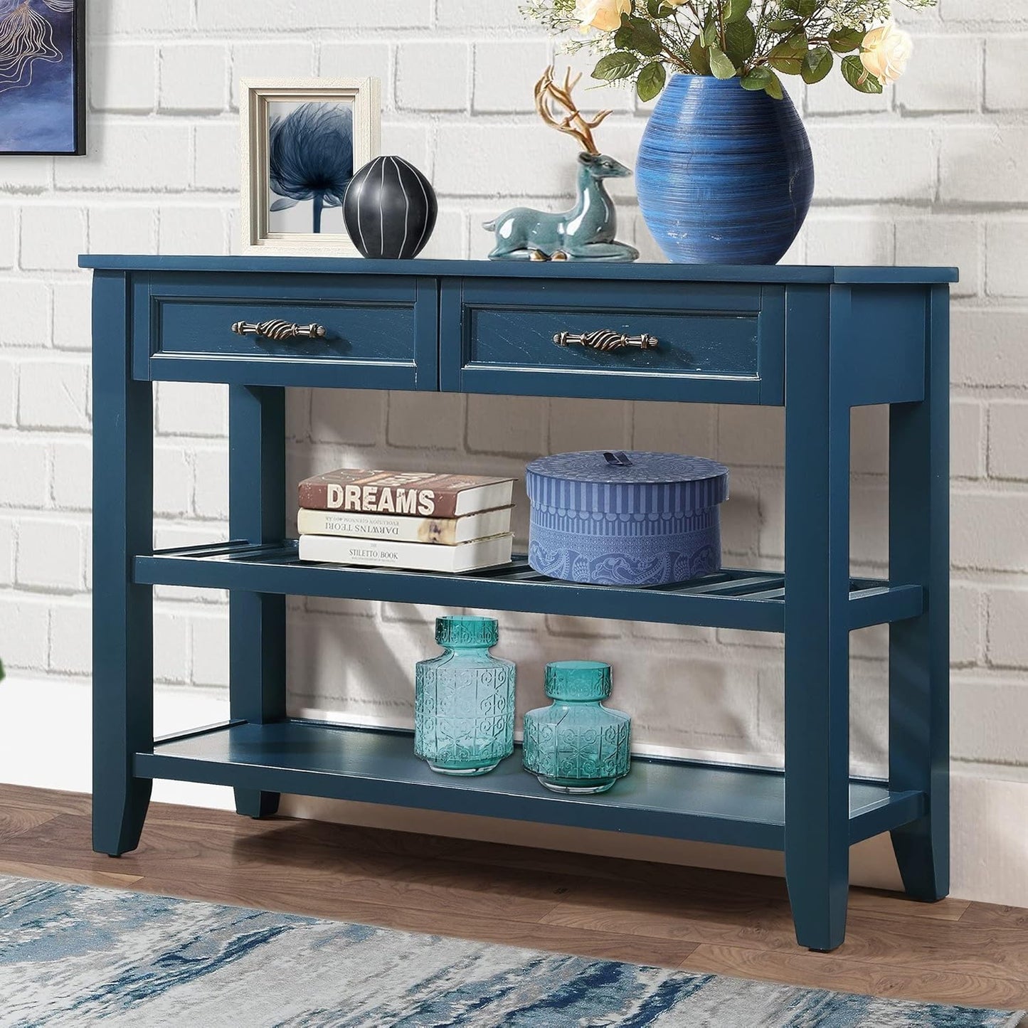 Solid Wood Console Table Entryway Table with Storage Drawers and Shelves Sofa Table for Entry Hallway Foyer(42" Navy Blue)
